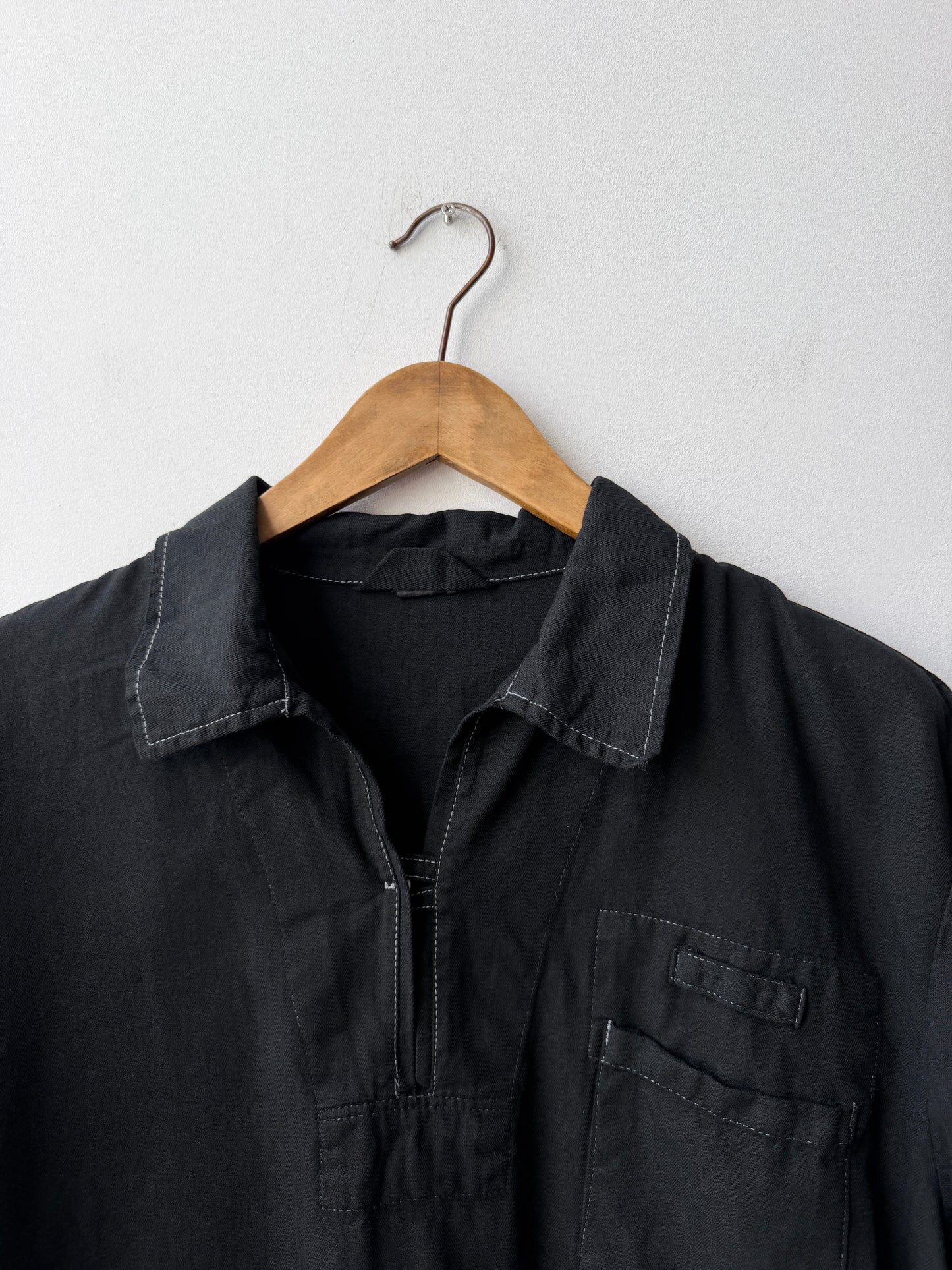 Vintage Artist Smock Pullover Collared Herringbone Black