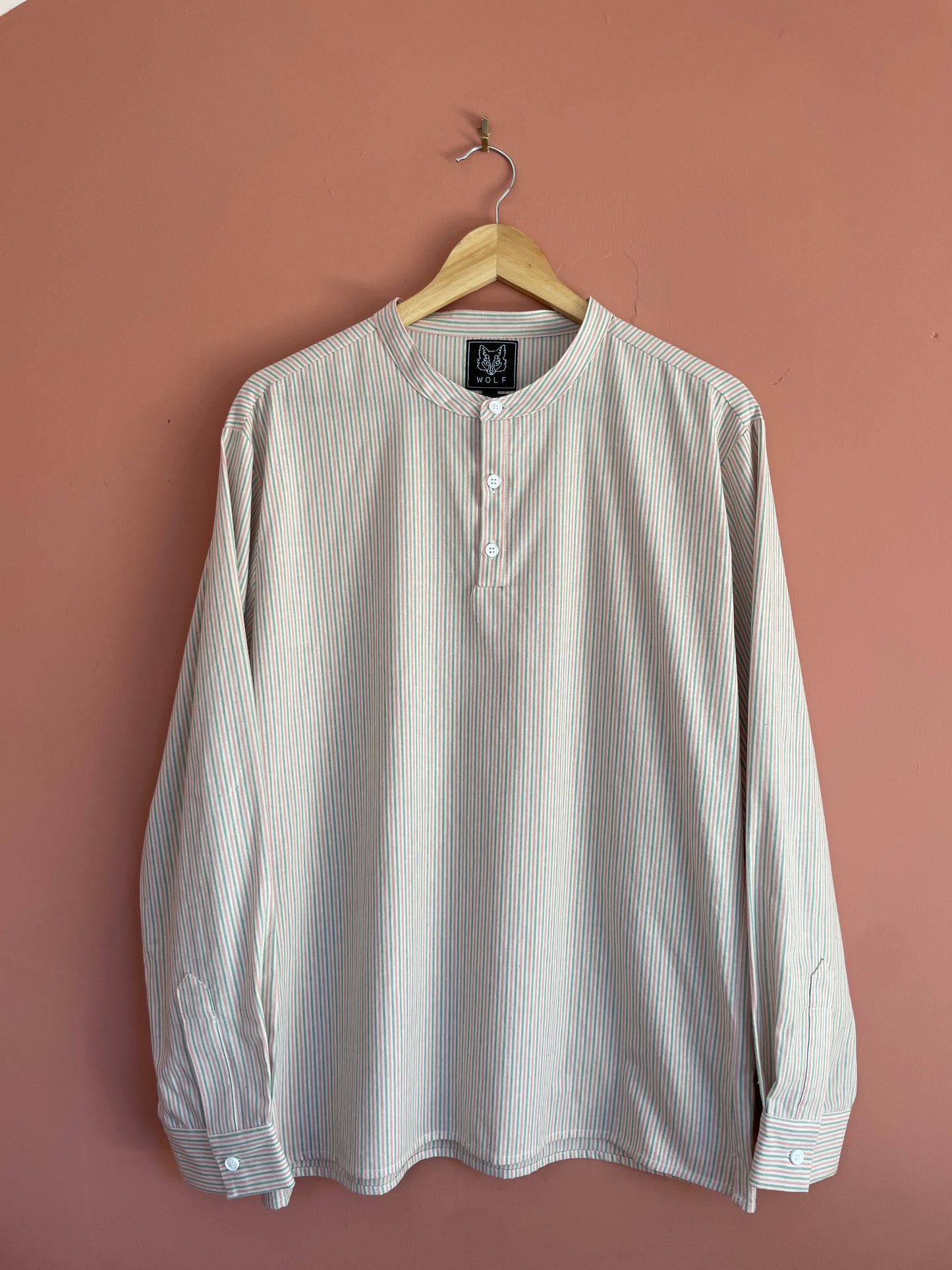 Ticking Shirt Rhubarb Collarless Grandad Smock