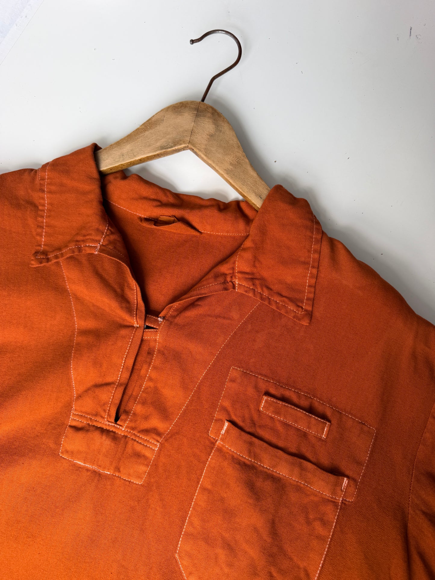 Vintage Artist Smock Pullover Top Burnt Orange 3/4 Sleeve Herringbone