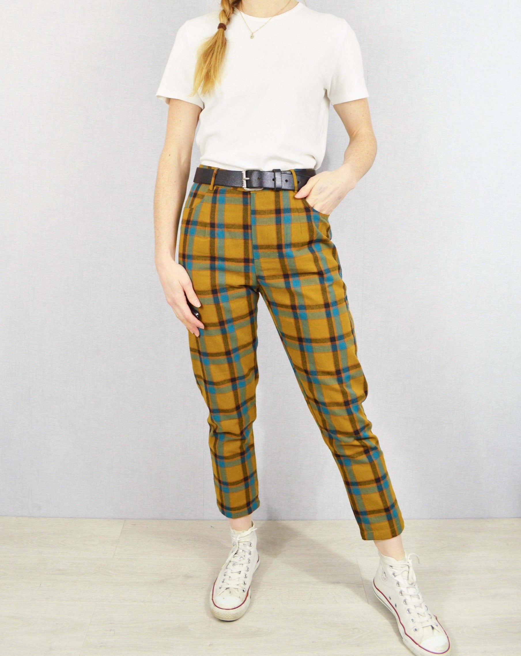 High Waisted Checkered Yellow Trousers High Waisted Check Pants