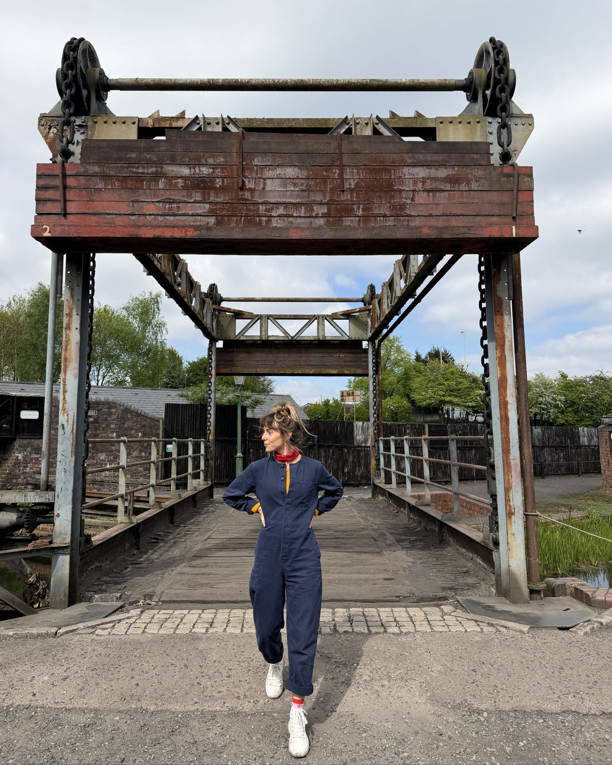 Collarless Workwear Jumpsuit Coveralls Herringbone Blue