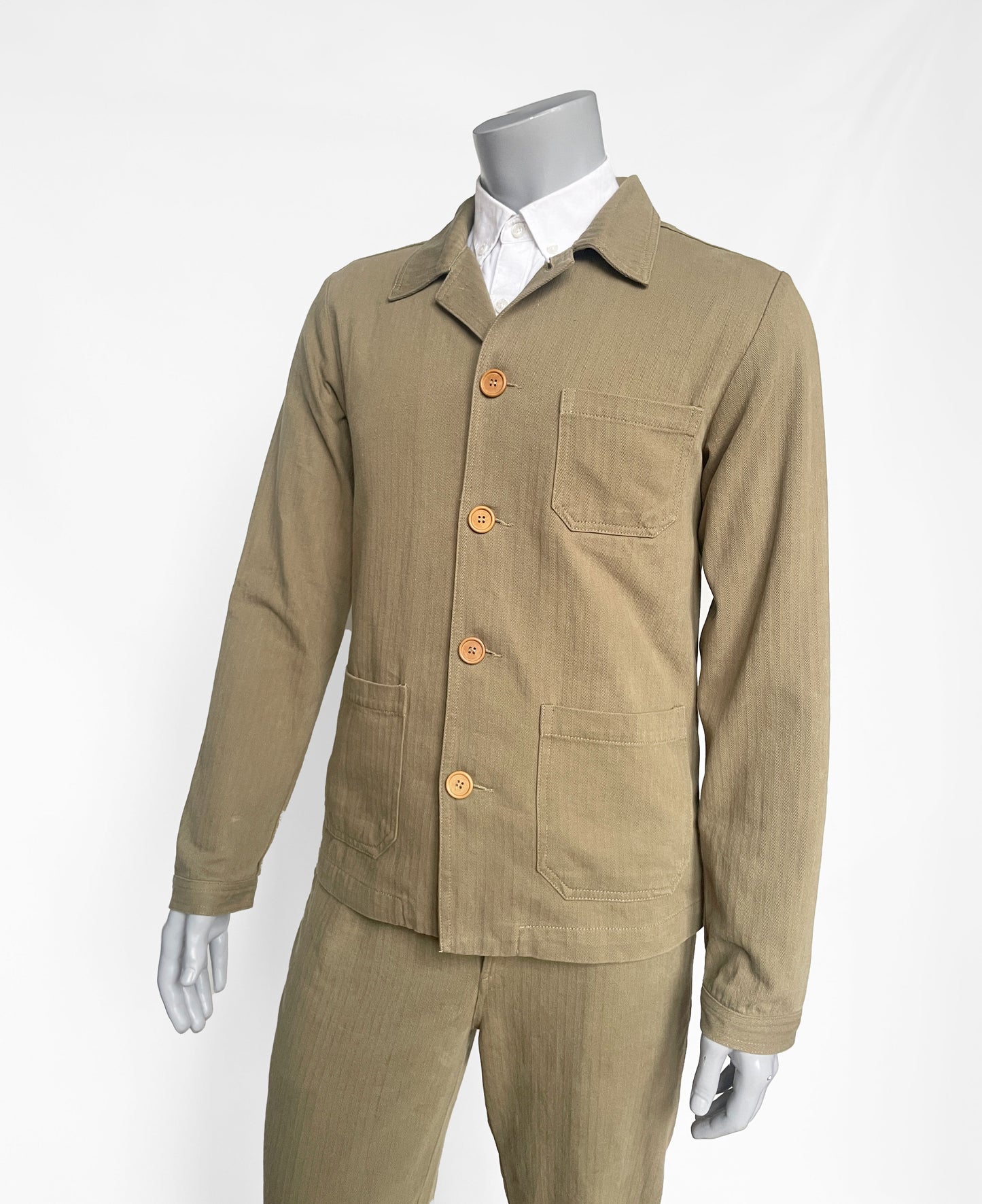 French Workwear Suit Faded Herringbone Green Cotton