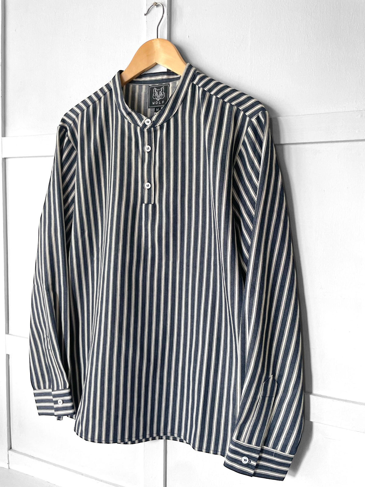 Henley Fisherman Work Shirt Herringbone Striped Navy
