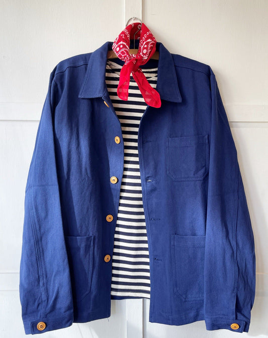60s Style French Navy Blue Indigo Cotton Twill Canvas Chore Jacket - Wooden Buttons