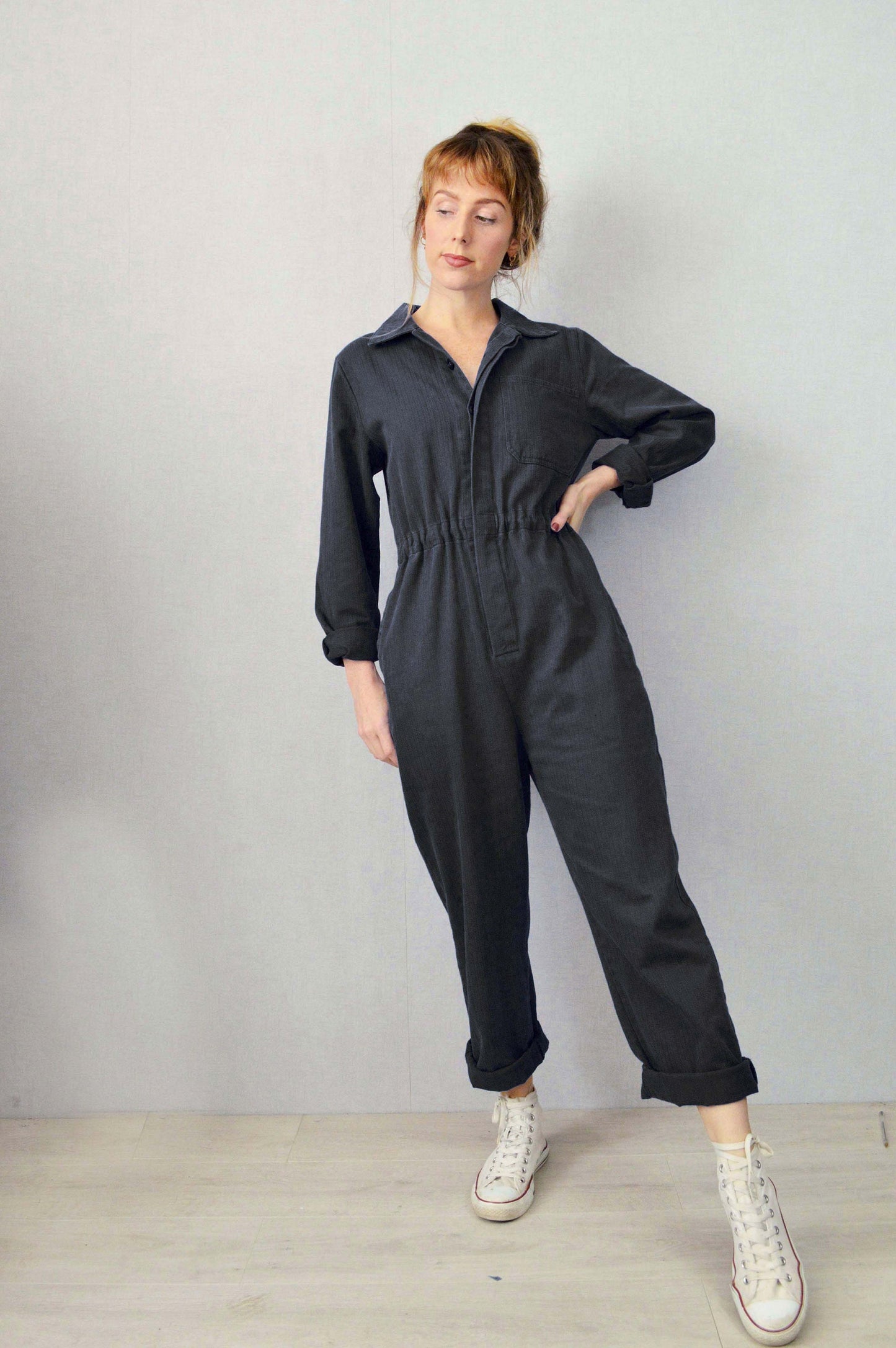 Black French Workwear Jumpsuit Coveralls Herringbone