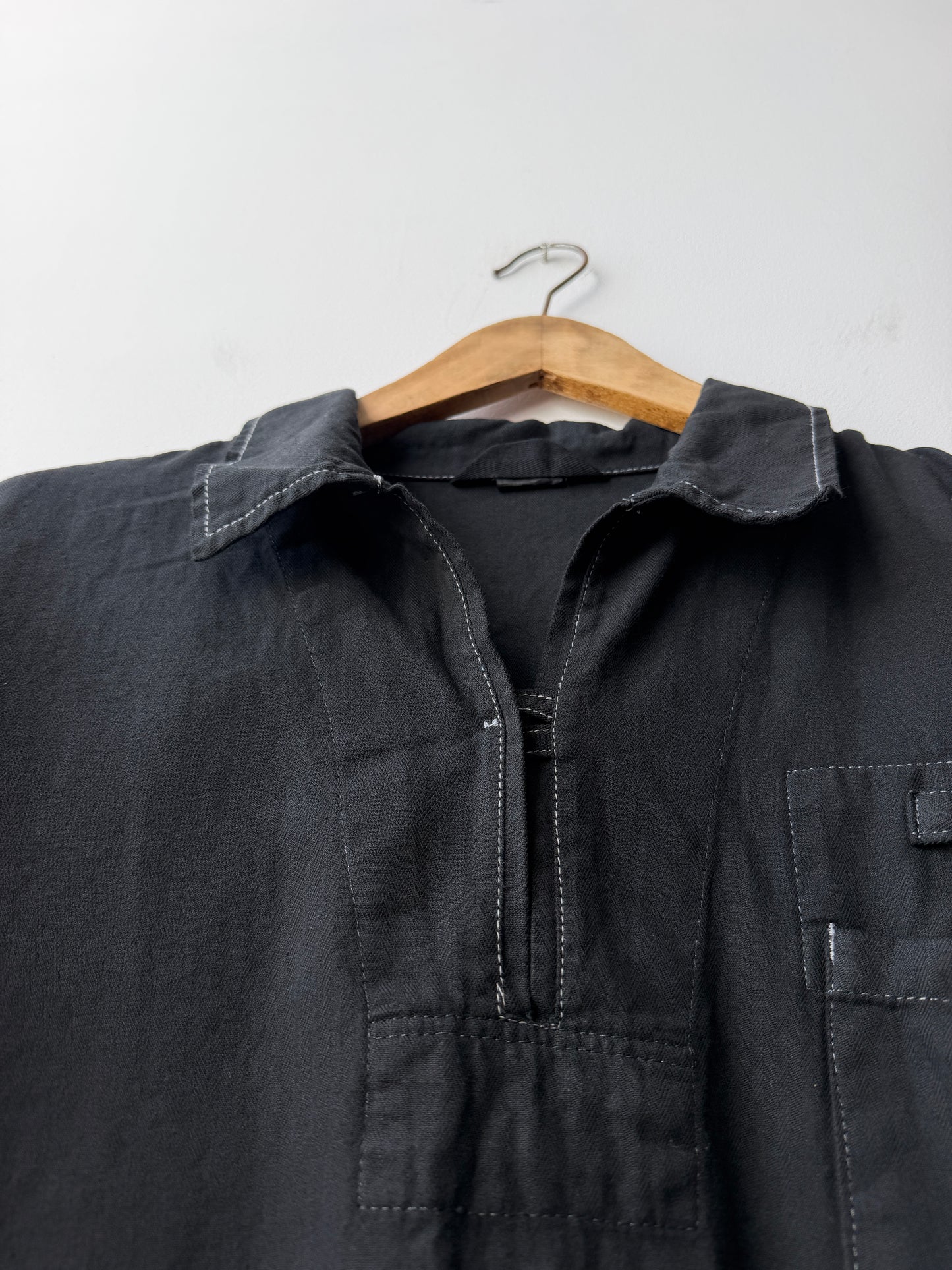 Vintage Artist Smock Pullover Collared Herringbone Black