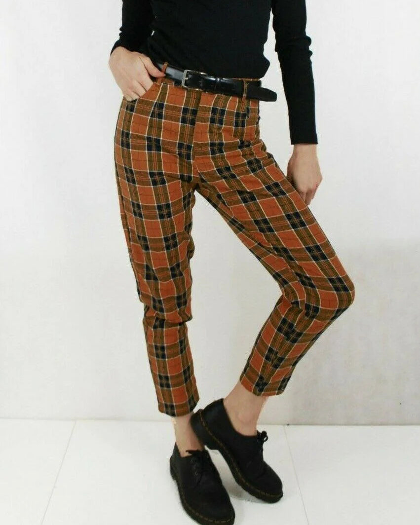 High Waisted Tartan Checked Trousers Chestnut Brown