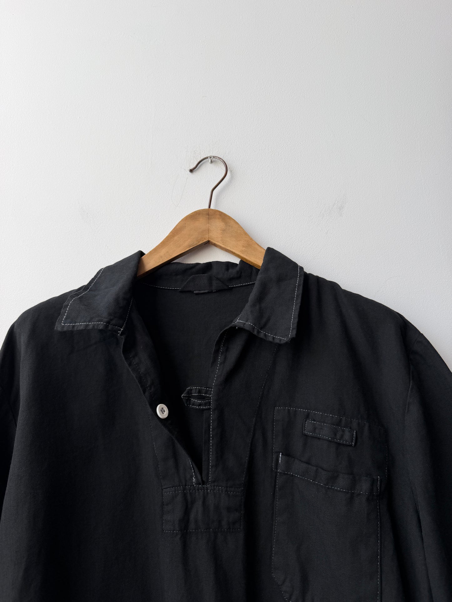 Vintage Artist Smock Pullover Collared Herringbone Black