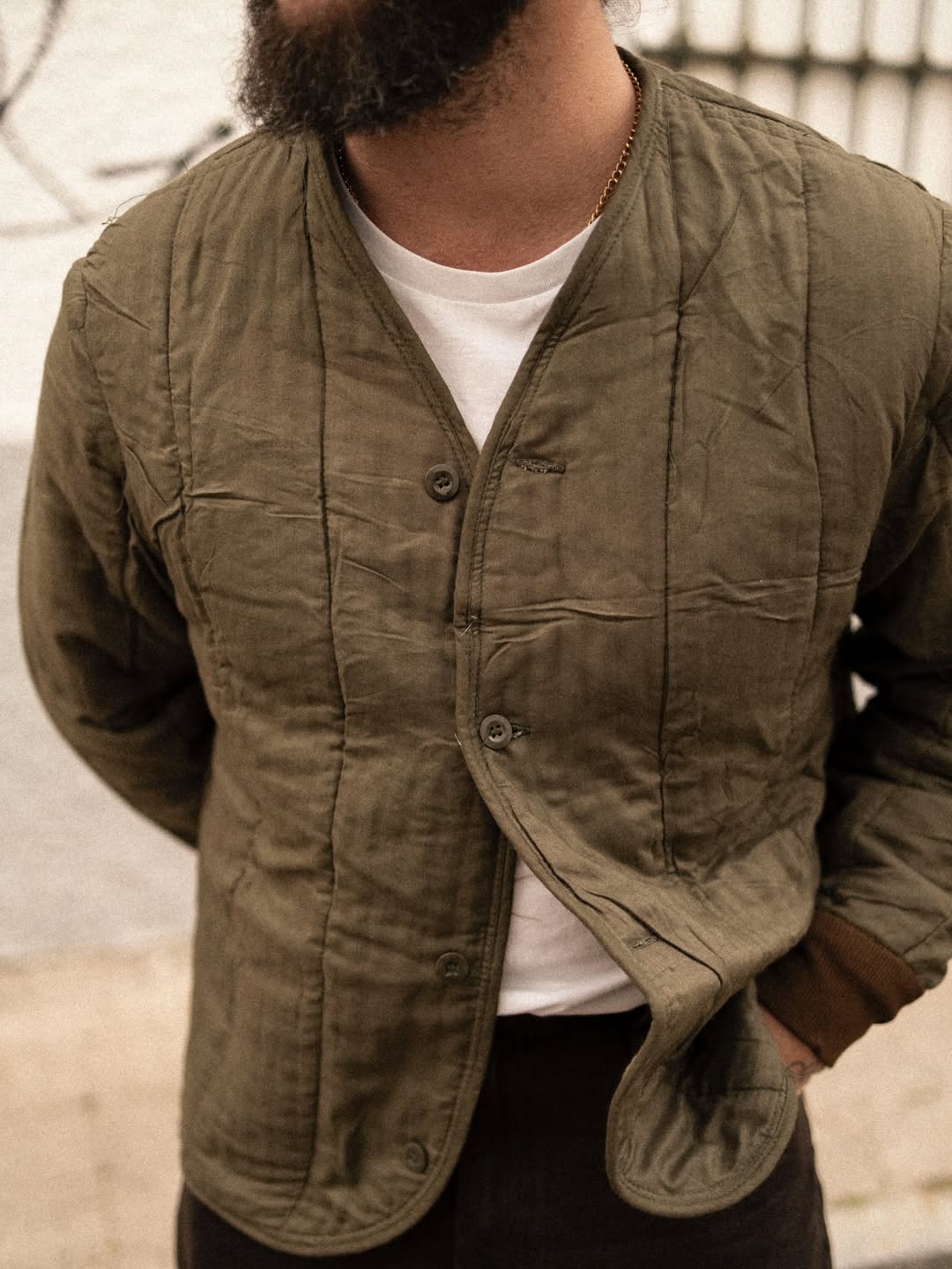 Vintage 70s Military Jacket Cotton Quilted V-Neck Liner