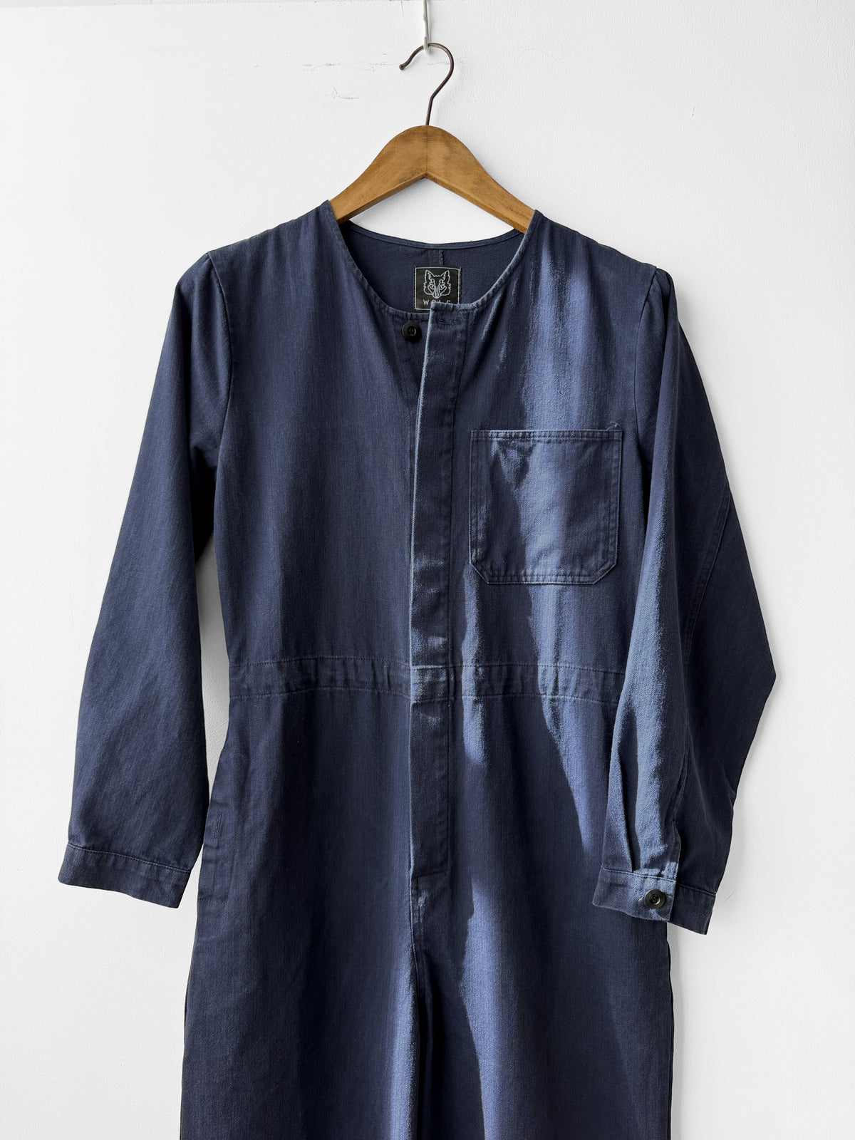Collarless Workwear Jumpsuit Coveralls Herringbone Blue