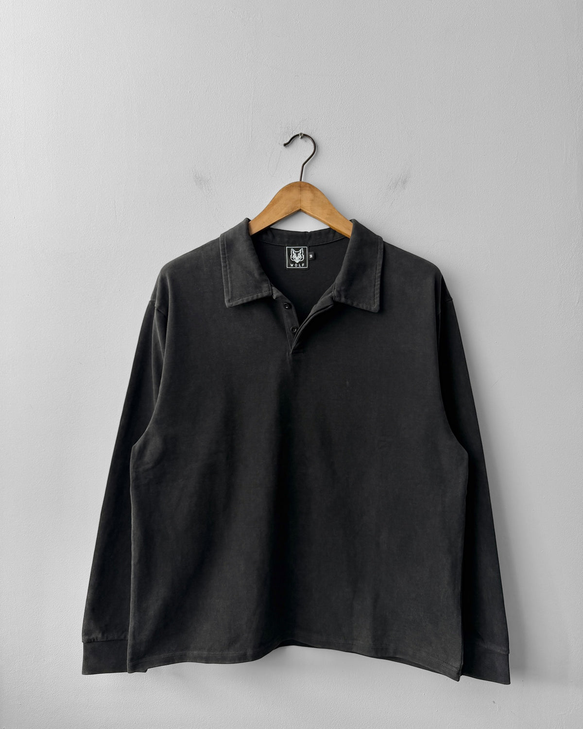 Faded Wash Polo Sweatshirt Cotton Charcoal Black