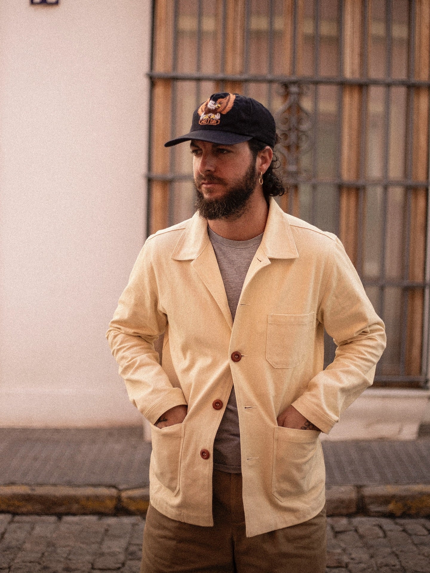 Chaqueta de trabajo de lona de algodón color crudo estilo años 60