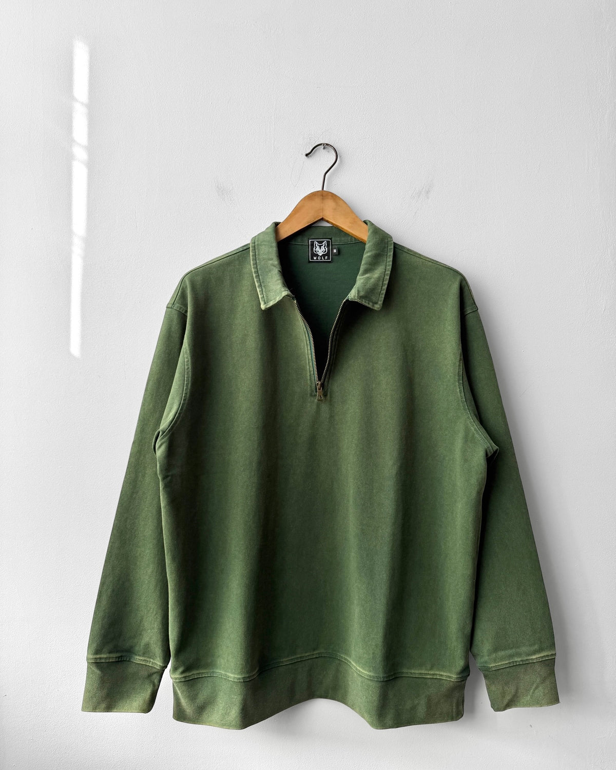 Faded Quarter Zip Sweatshirt Bottle Green Washed Cotton