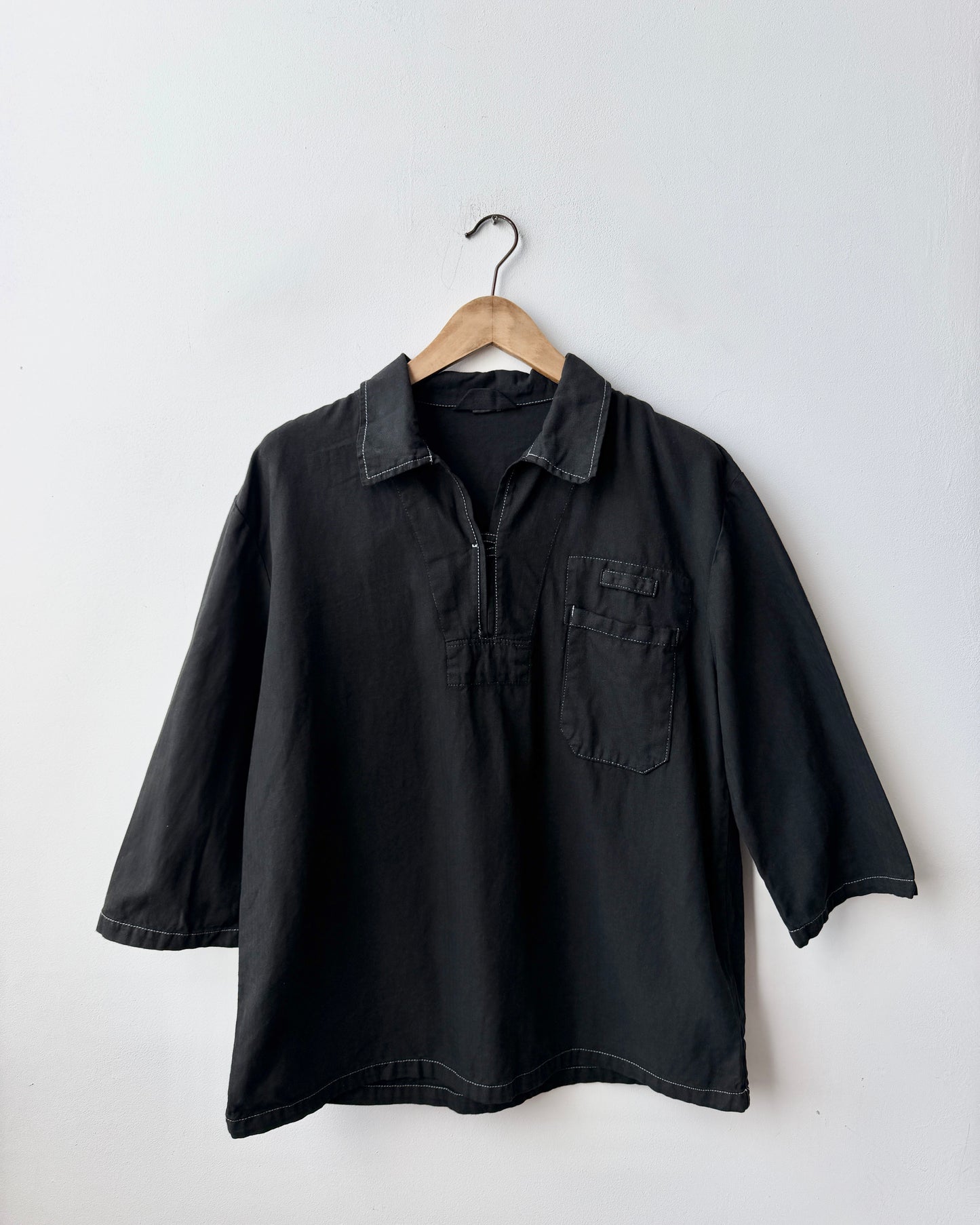 Vintage Artist Smock Pullover Collared Herringbone Black