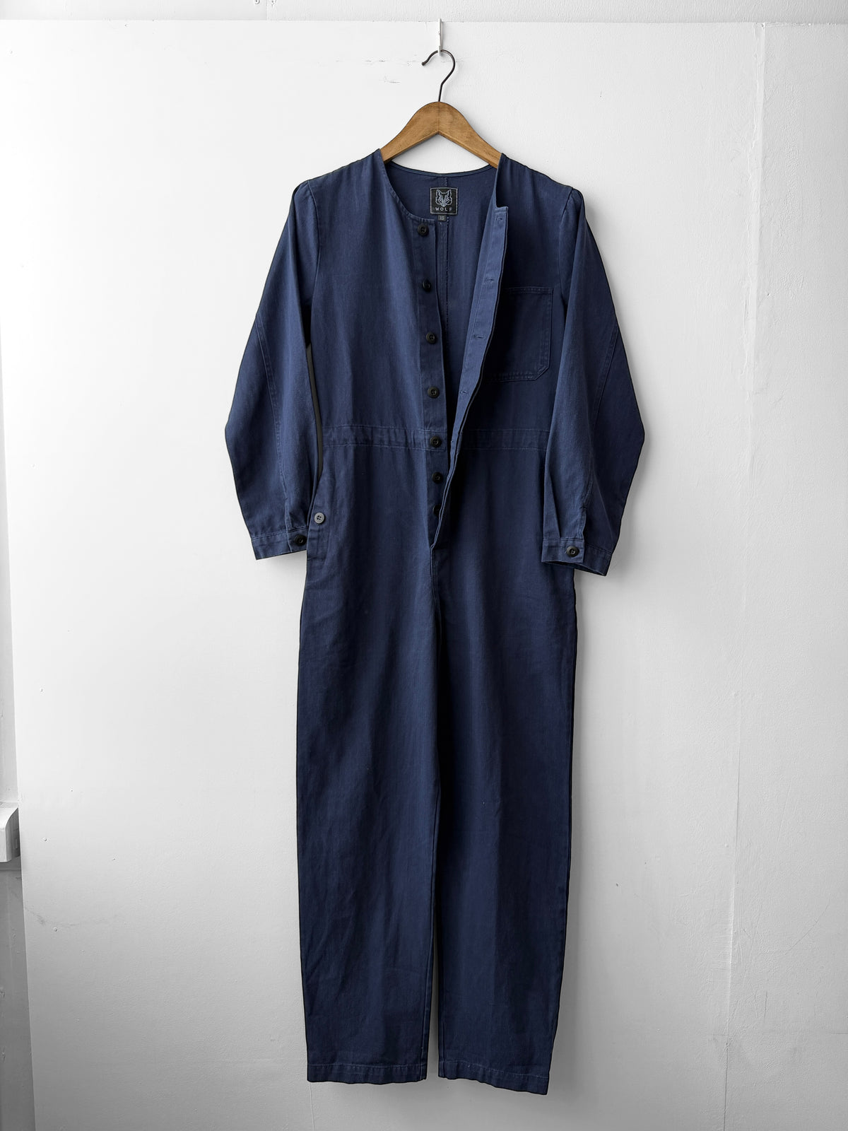 Collarless Workwear Jumpsuit Coveralls Herringbone Blue