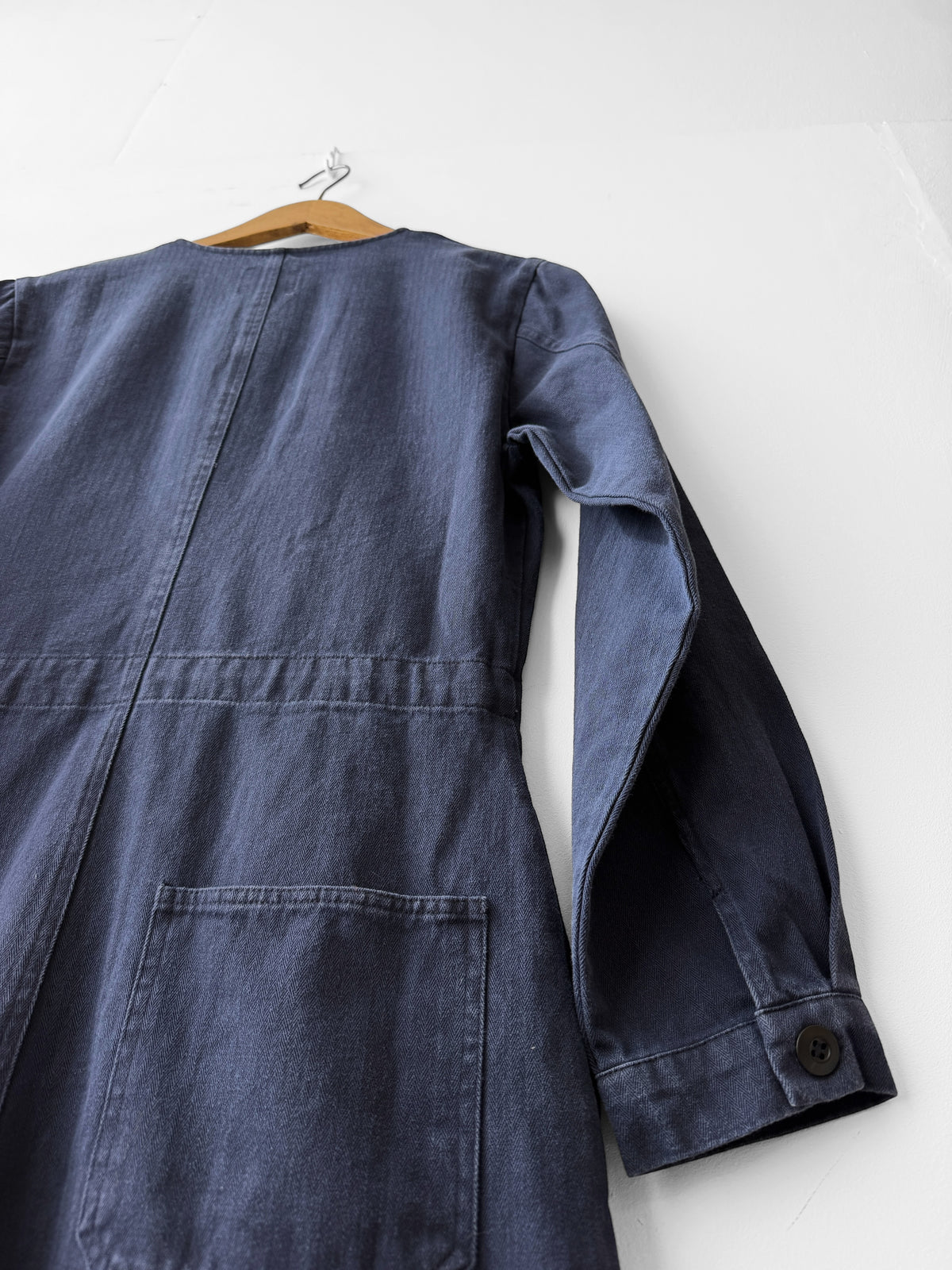 Collarless Workwear Jumpsuit Coveralls Herringbone Blue