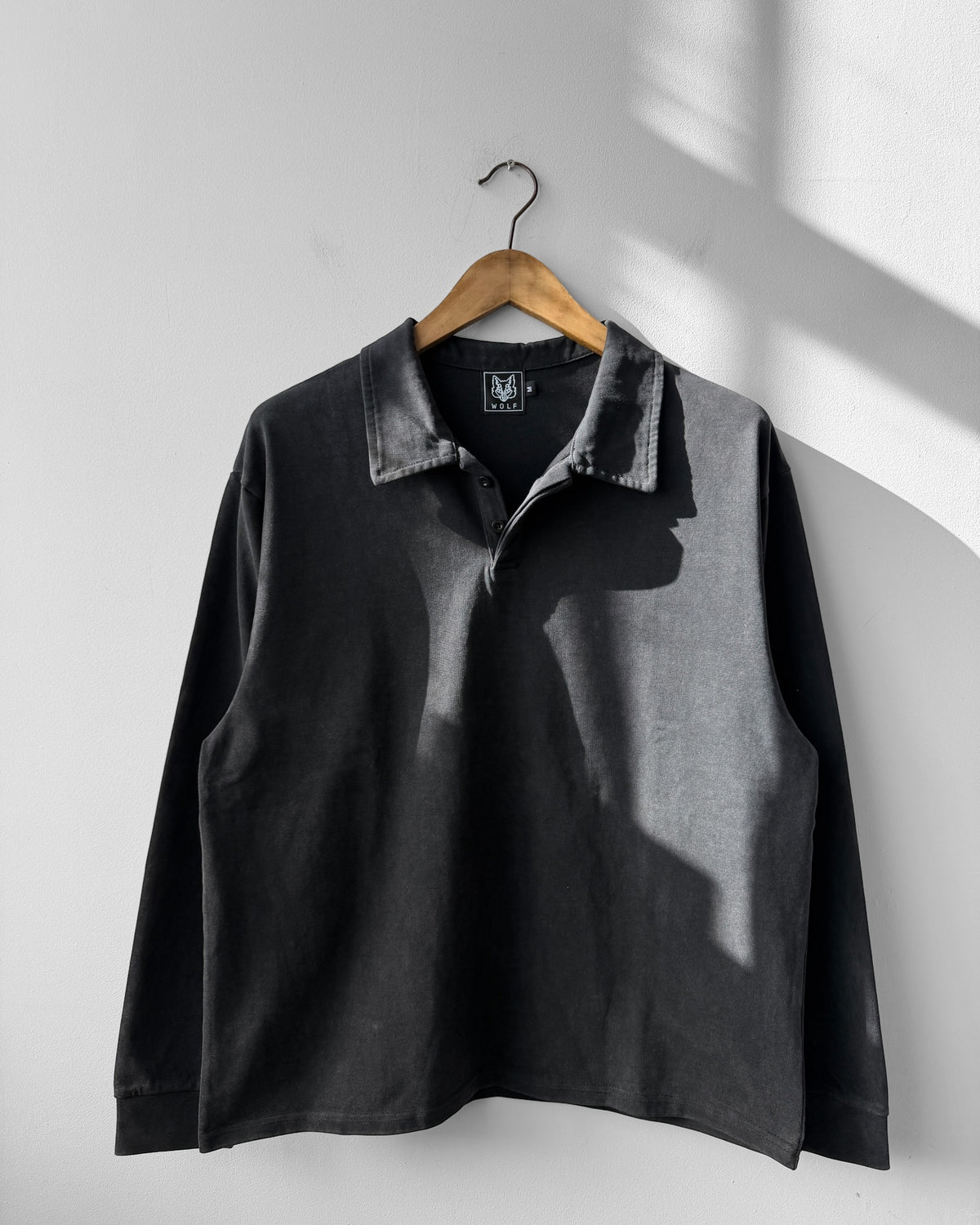 Faded Wash Polo Sweatshirt Cotton Charcoal Black
