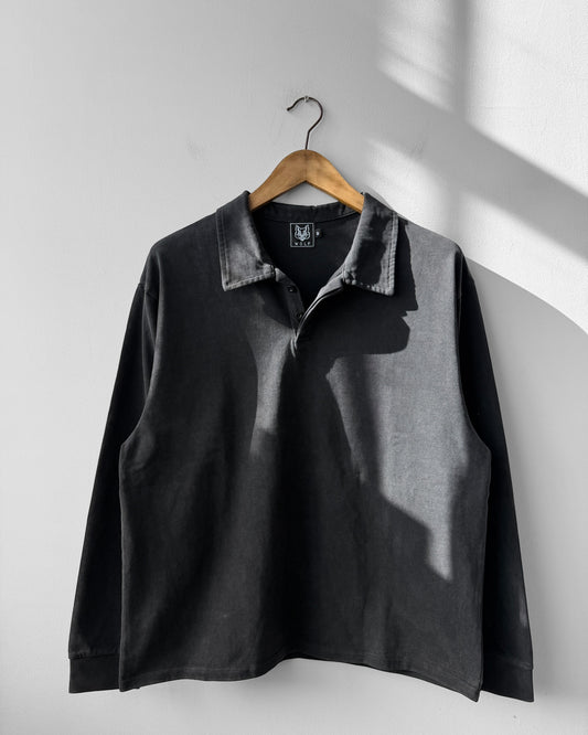 Faded Wash Polo Sweatshirt Cotton Charcoal Black