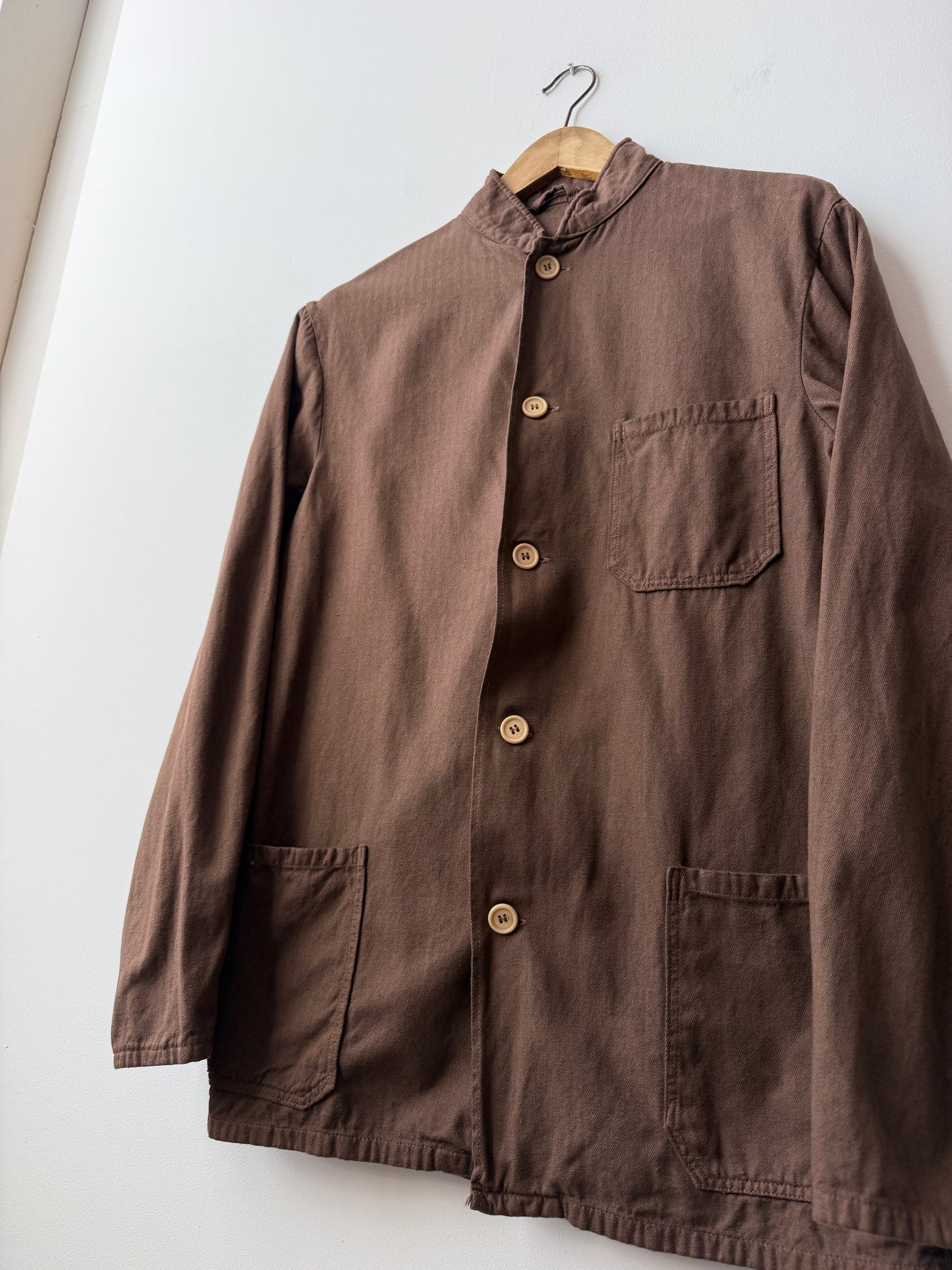 Vintage Brown Herringbone Chore Jacket Nehru Mandarin Collar