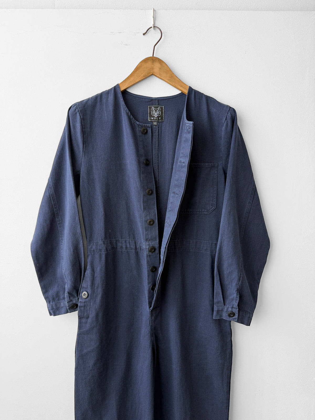 Collarless Workwear Jumpsuit Coveralls Herringbone Blue