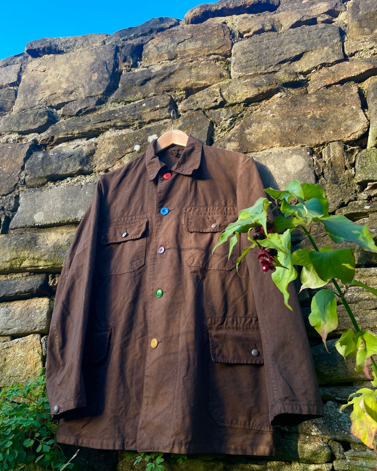 Reworked Vintage Brown Jacket Swedish Rainbow Buttons