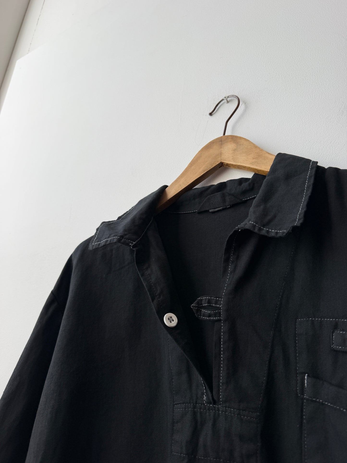 Vintage Artist Smock Pullover Collared Herringbone Black