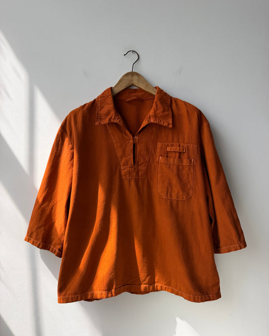 Vintage Artist Smock Pullover Top Burnt Orange 3/4 Sleeve Herringbone