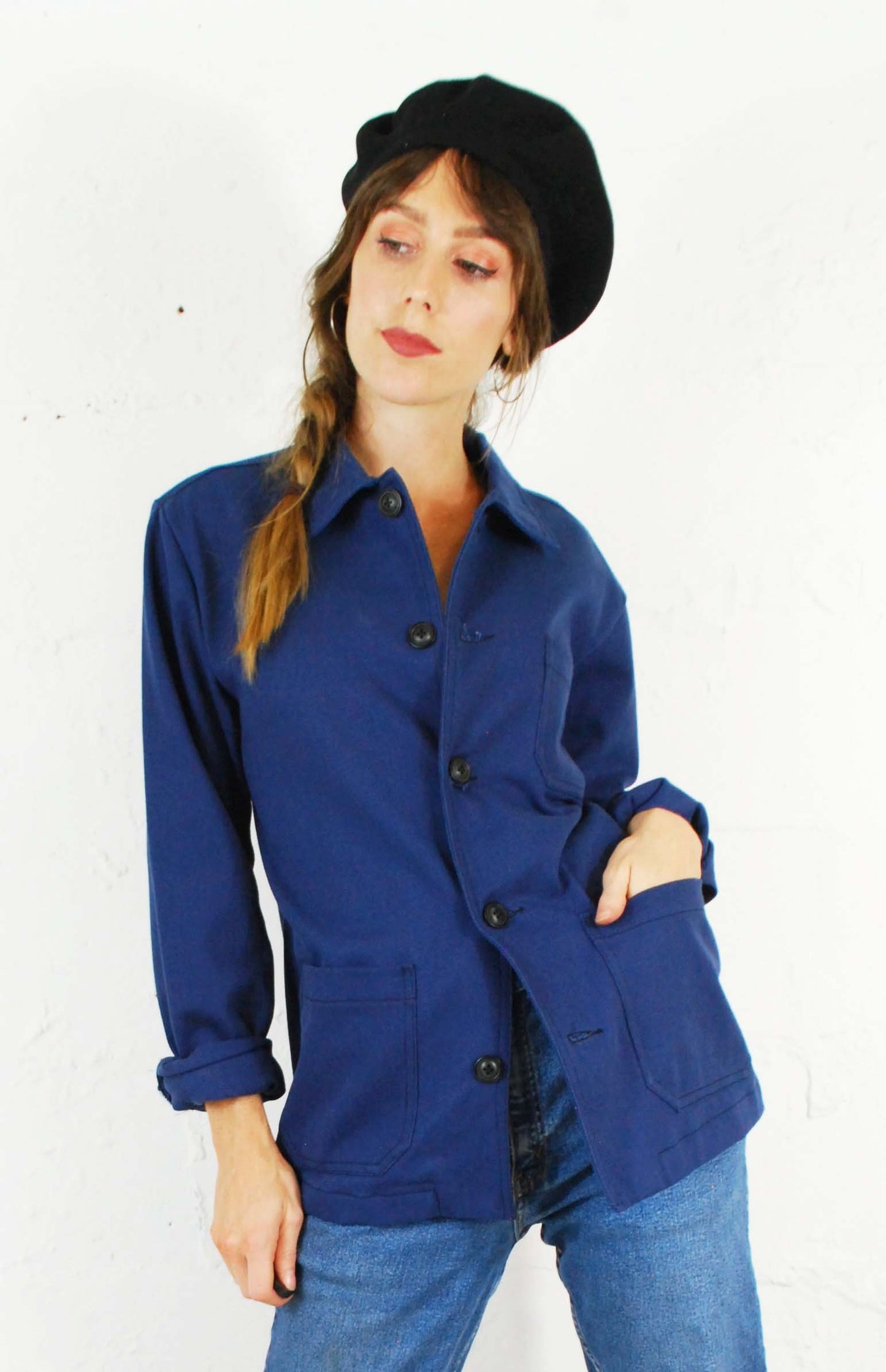 French Cotton Twill Chore Jacket Navy Blue