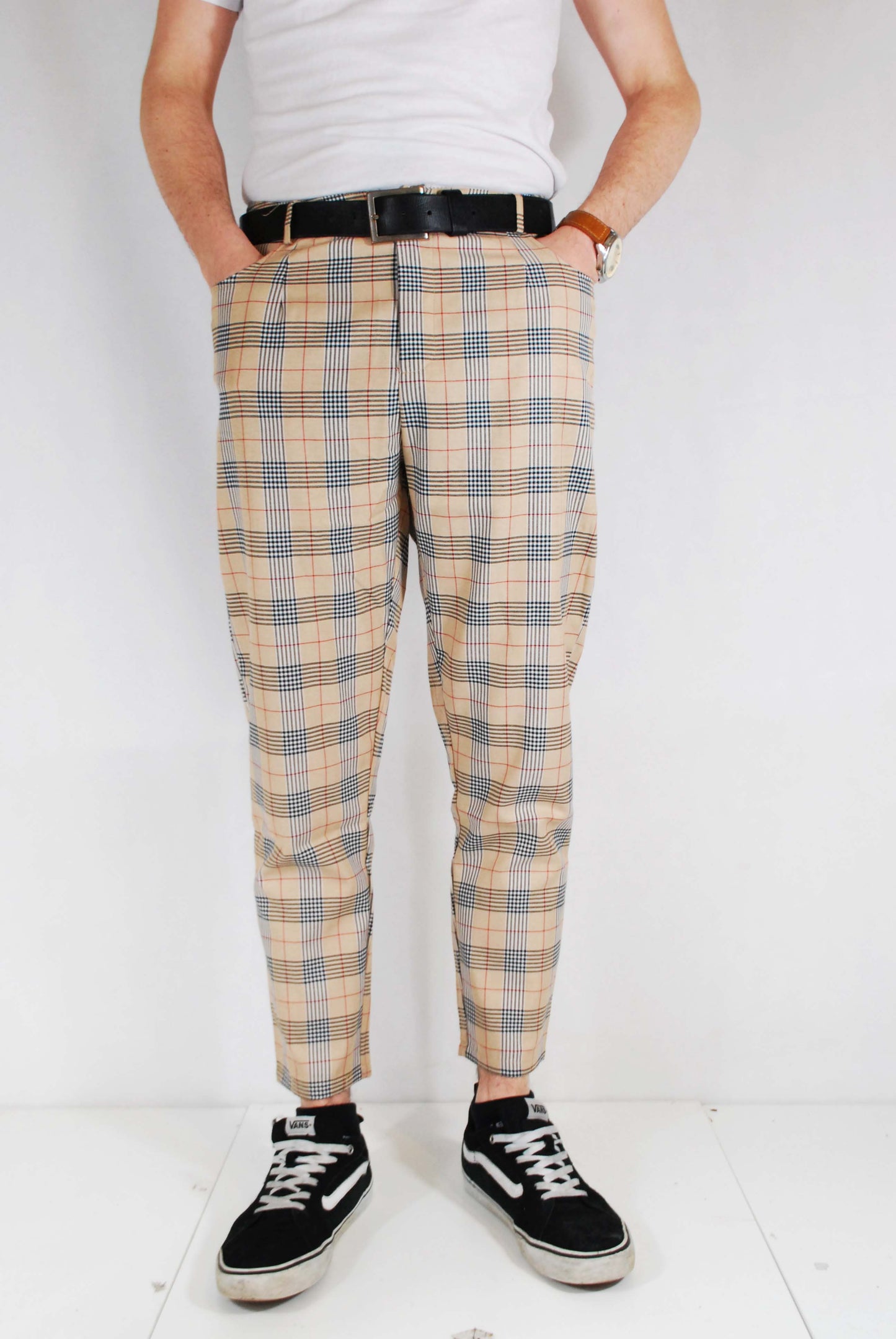 Slim Fit Tartan Check Trousers Beige