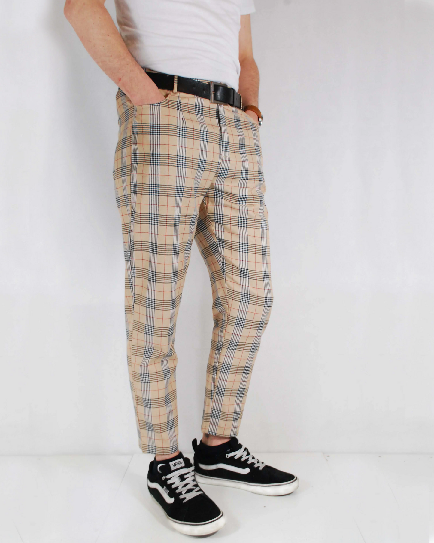 Slim Fit Tartan Check Trousers Beige