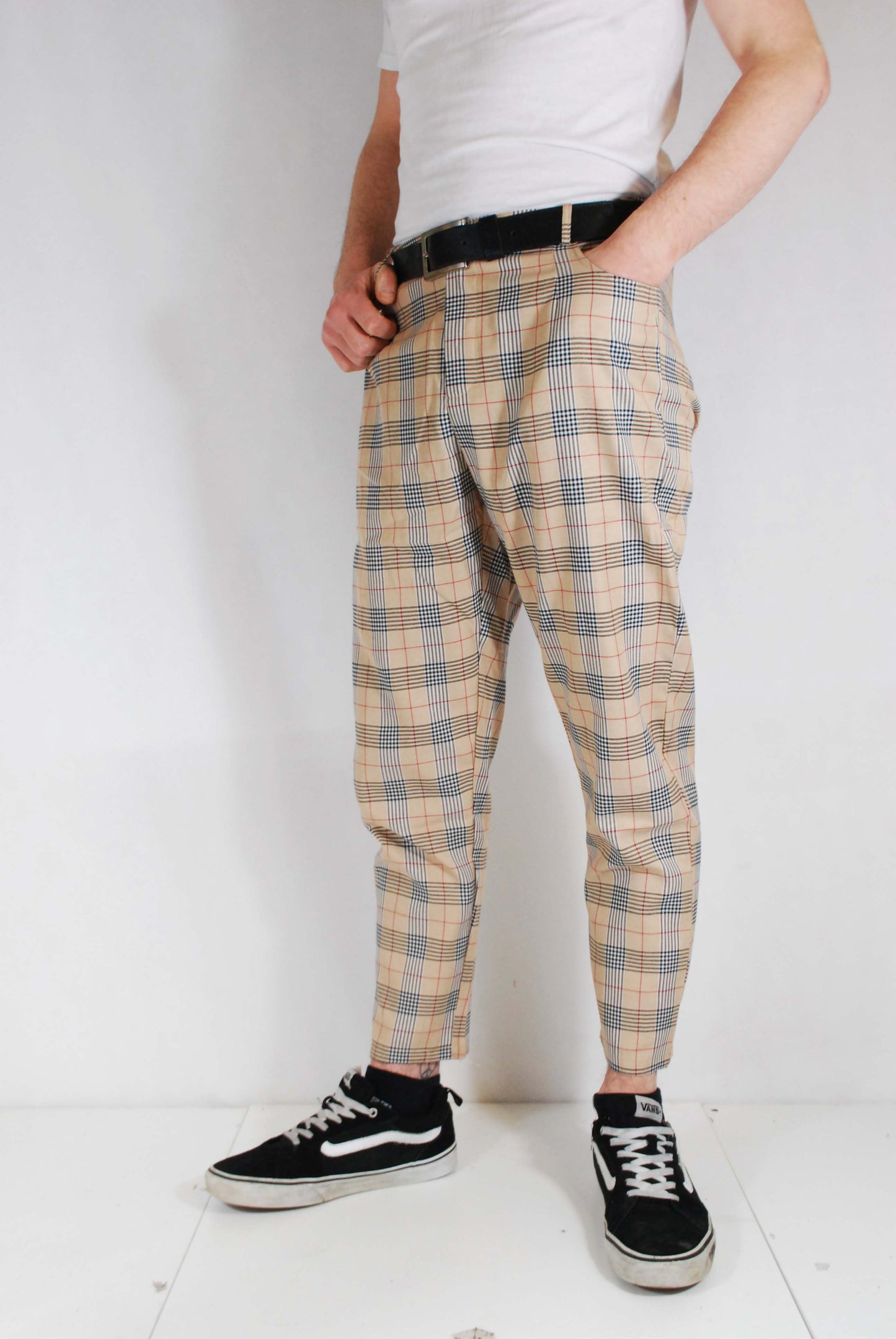 Slim Fit Tartan Check Trousers Beige