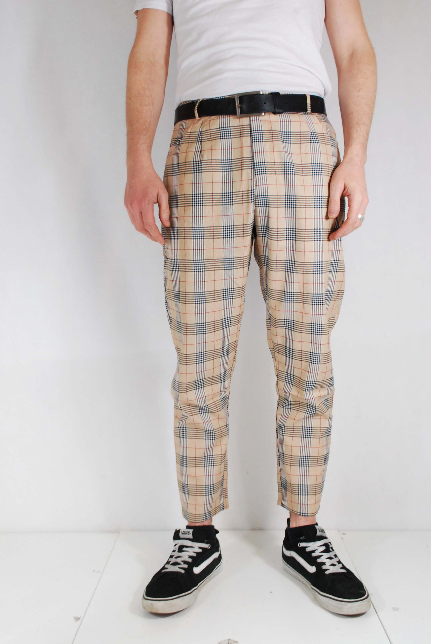 Slim Fit Tartan Check Trousers Beige