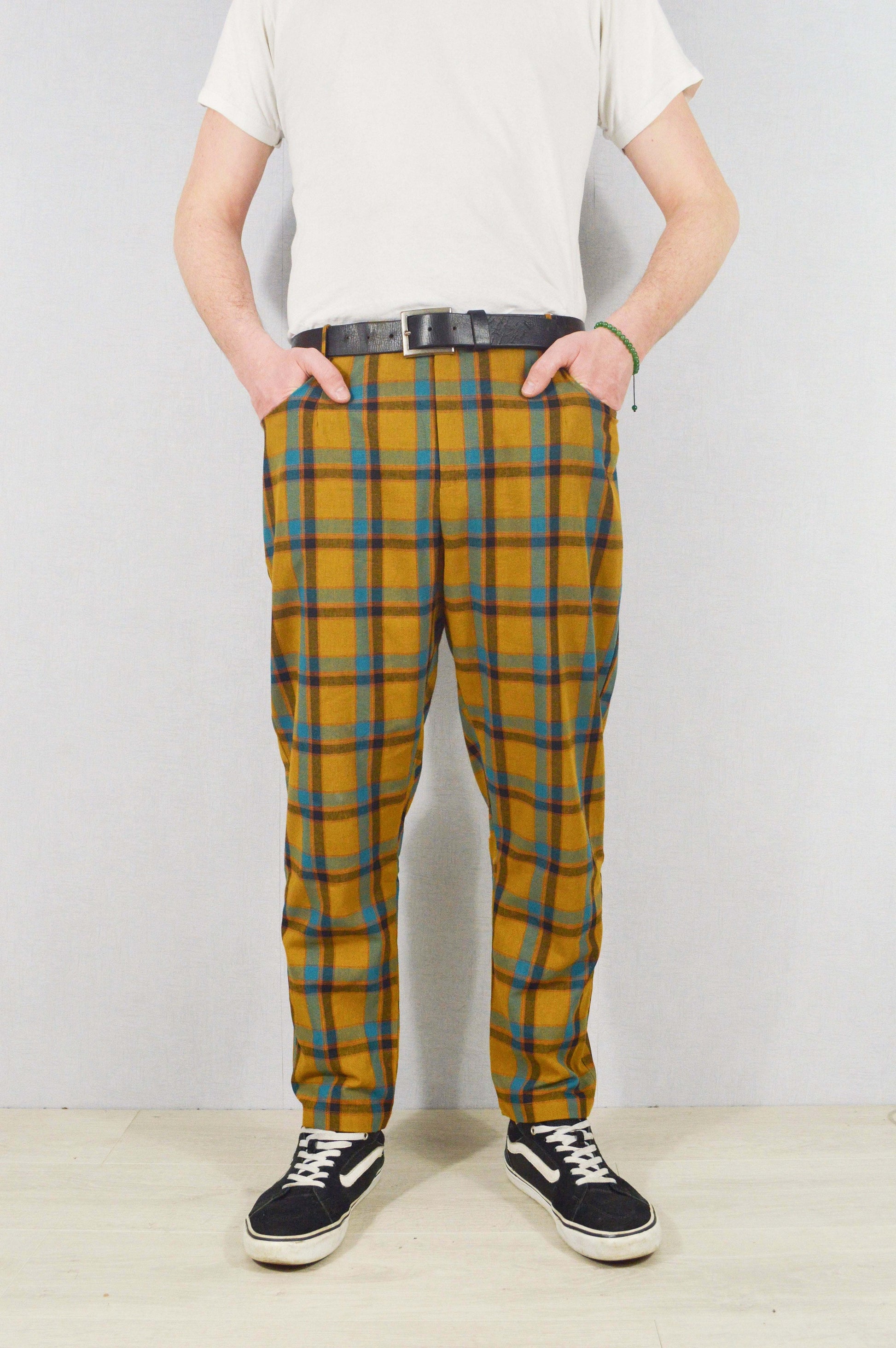 Slim Fit Tartan Check Trousers Mustard Blue – Wolf Clothing