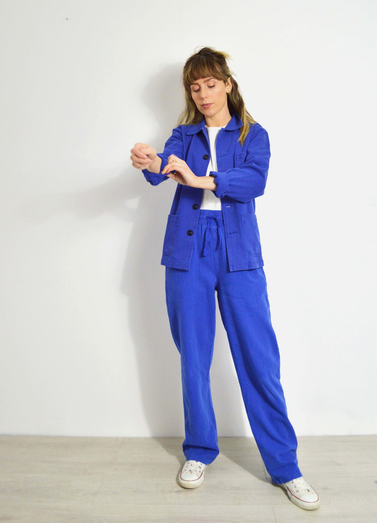 French Workwear 2 Piece Suit Faded Herringbone Bugatti Blue Cotton