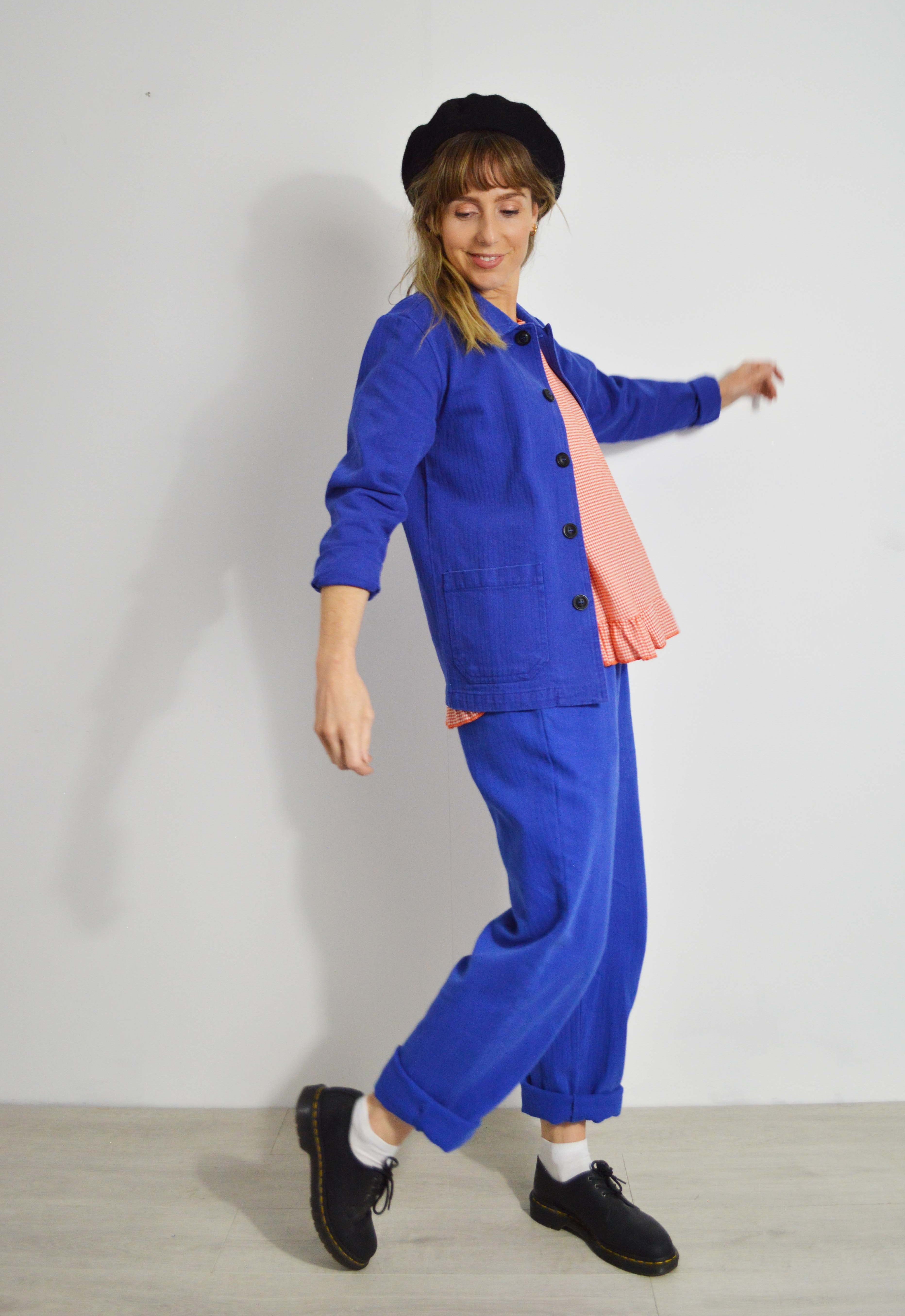 French Workwear 2 Piece Suit Faded Herringbone Bugatti Blue Cotton