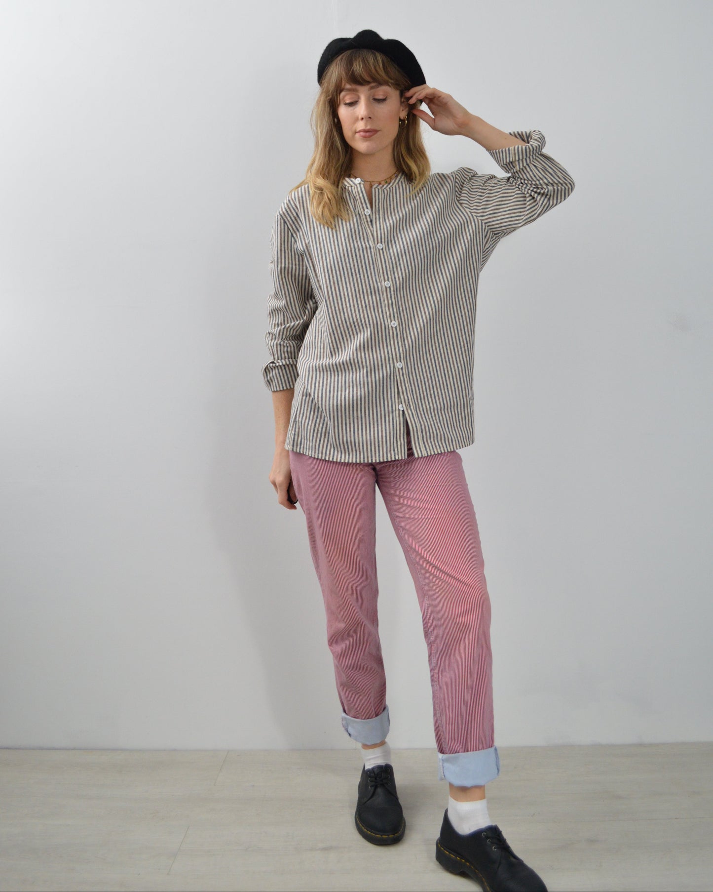 Unisex Striped Grandad Shirt Brown & Blue