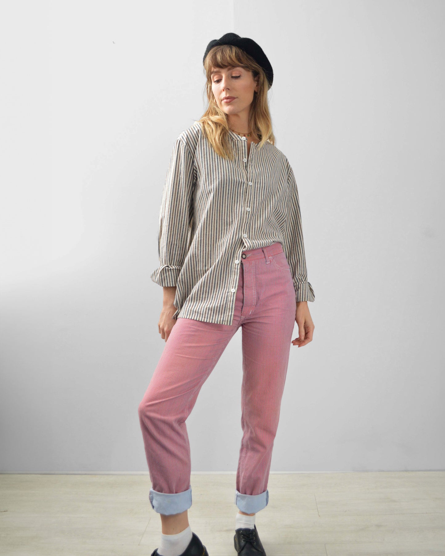 Unisex Striped Grandad Shirt Brown & Blue