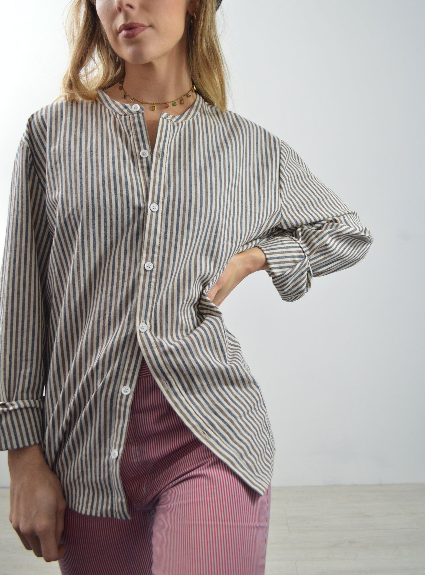 Unisex Striped Grandad Shirt Brown & Blue