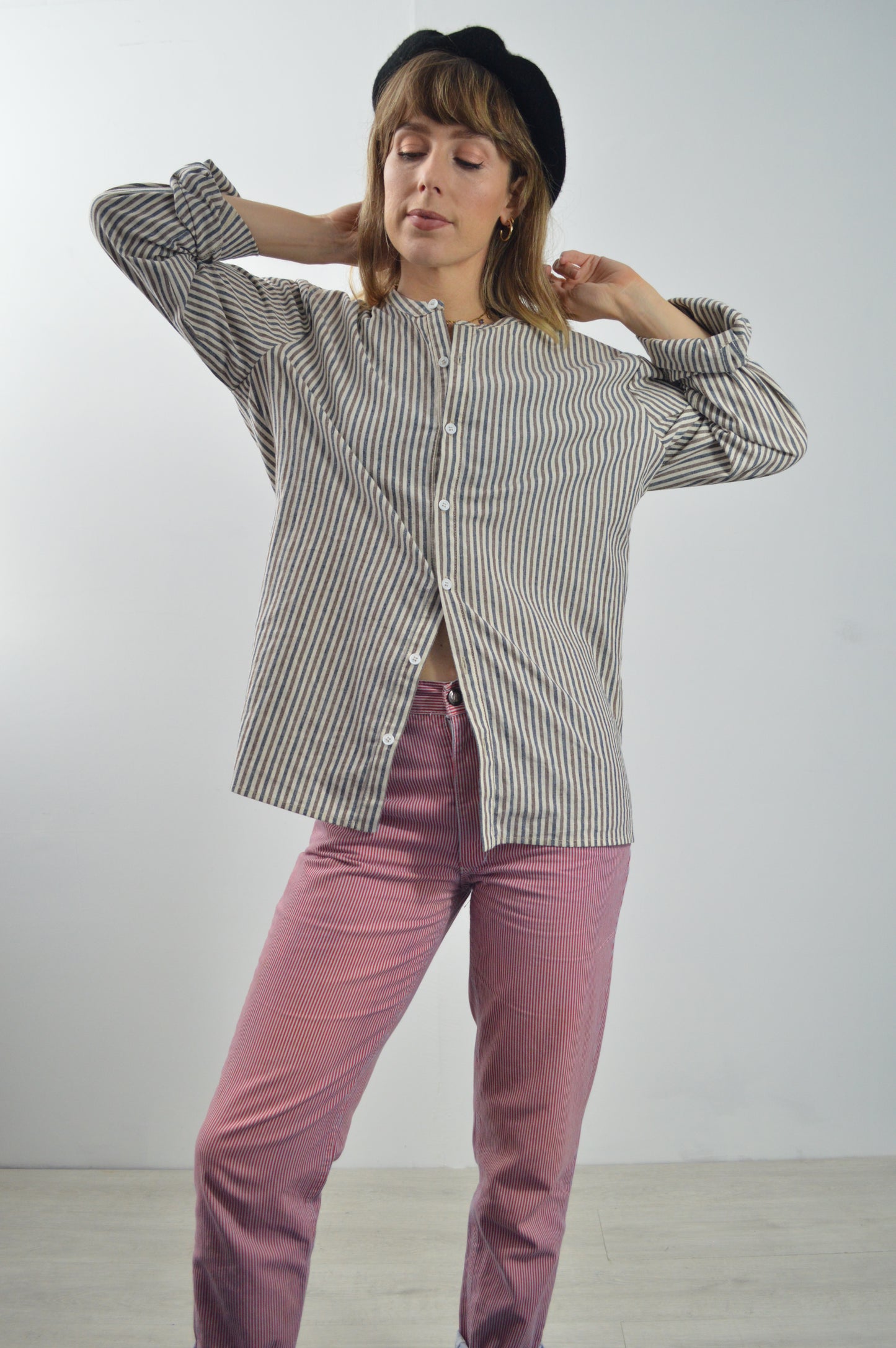 Unisex Striped Grandad Shirt Brown & Blue