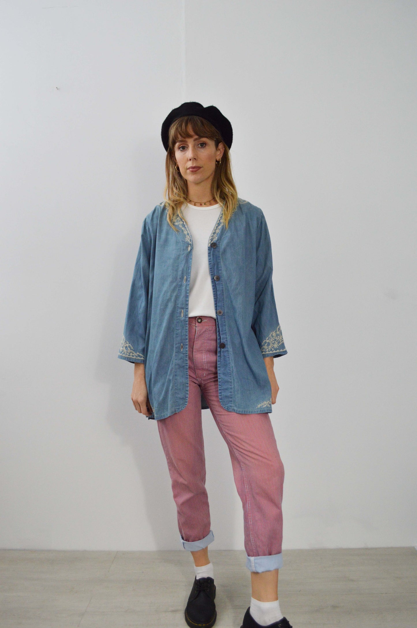Vintage Embroidered Denim Kimono Jacket Cotton Blue