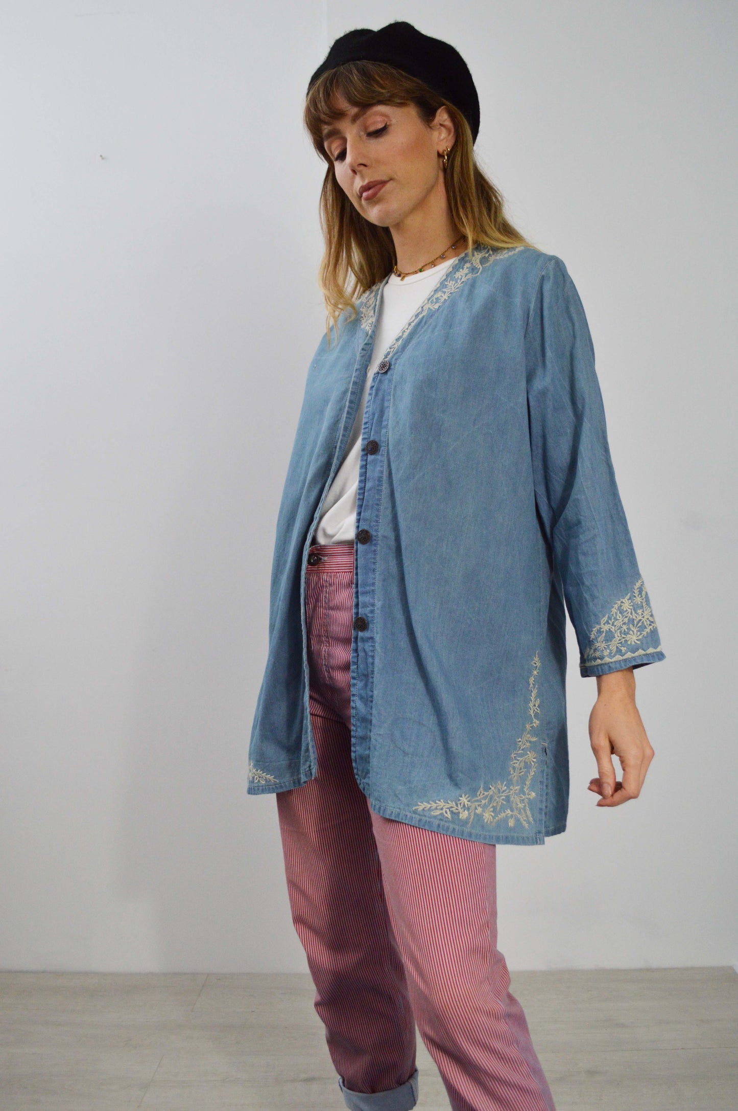 Vintage Embroidered Denim Kimono Jacket Cotton Blue