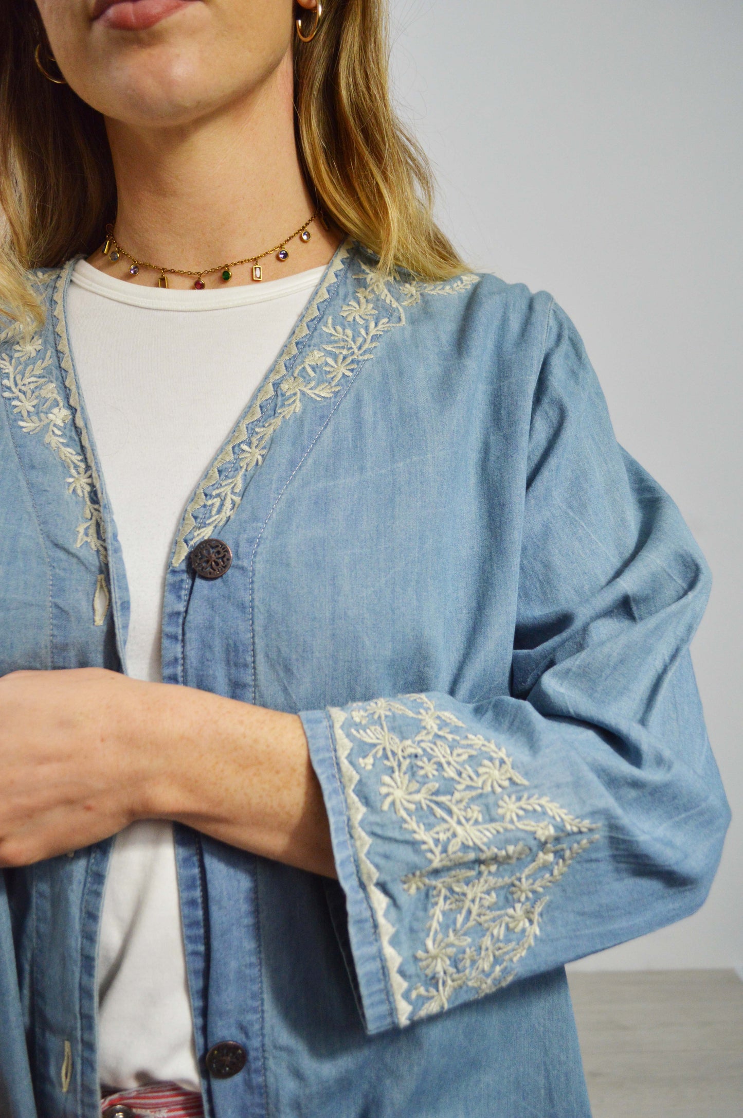 Vintage Embroidered Denim Kimono Jacket Cotton Blue