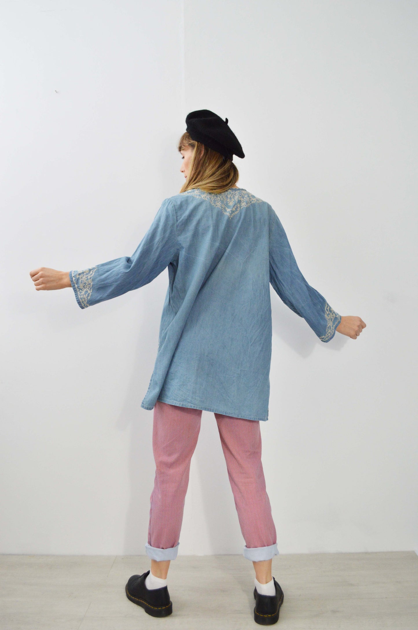 Vintage Embroidered Denim Kimono Jacket Cotton Blue