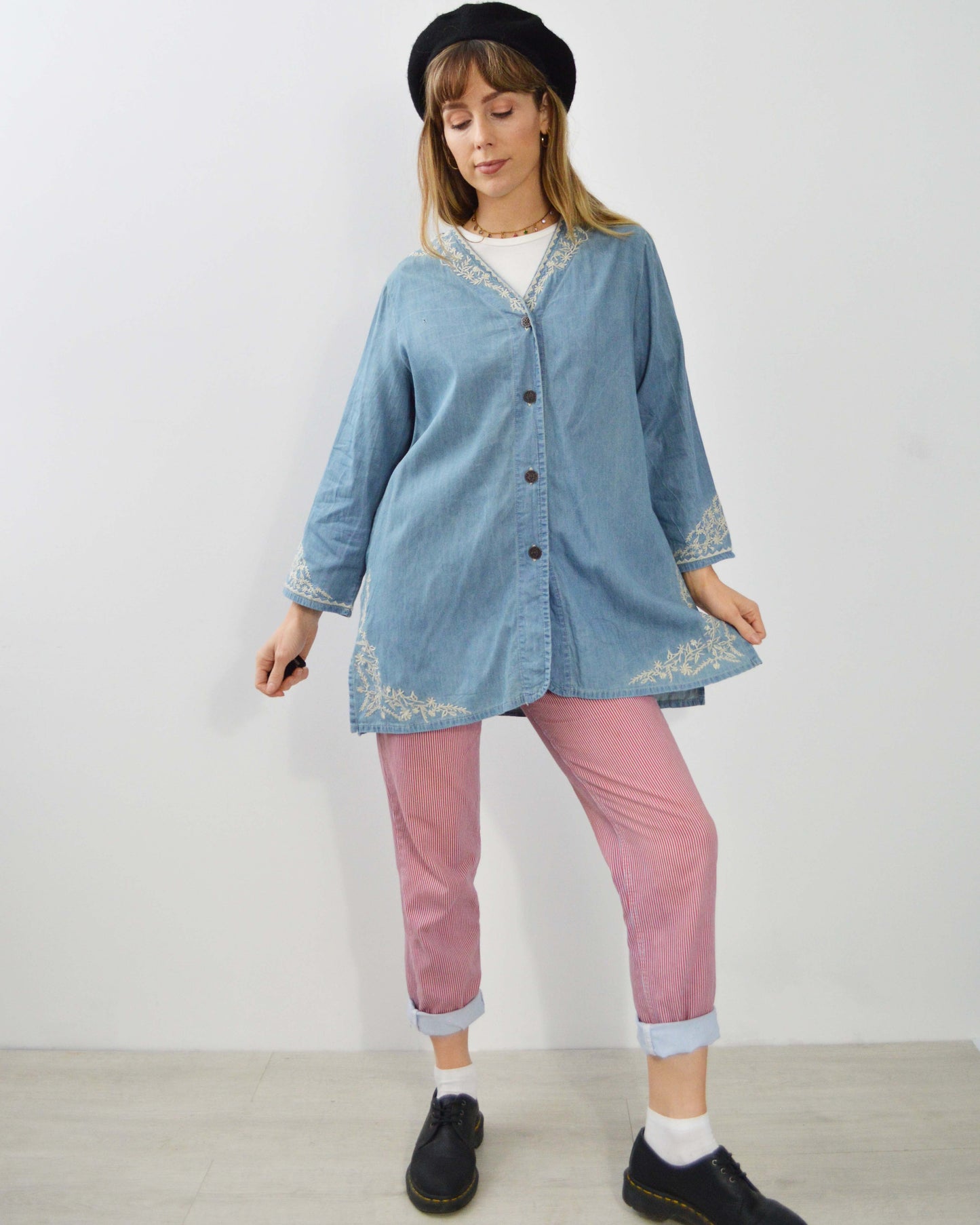 Vintage Embroidered Denim Kimono Jacket Cotton Blue