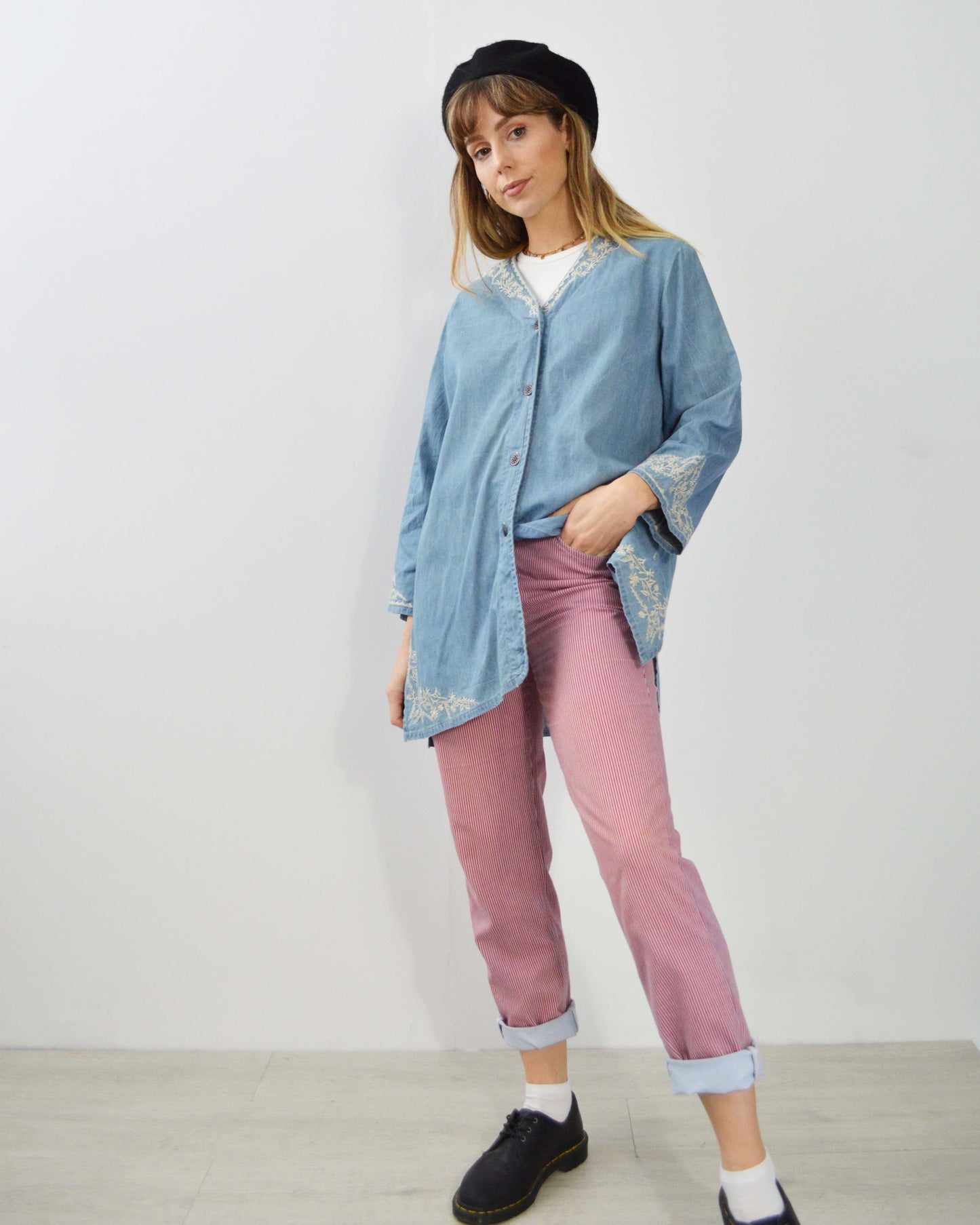Vintage Embroidered Denim Kimono Jacket Cotton Blue