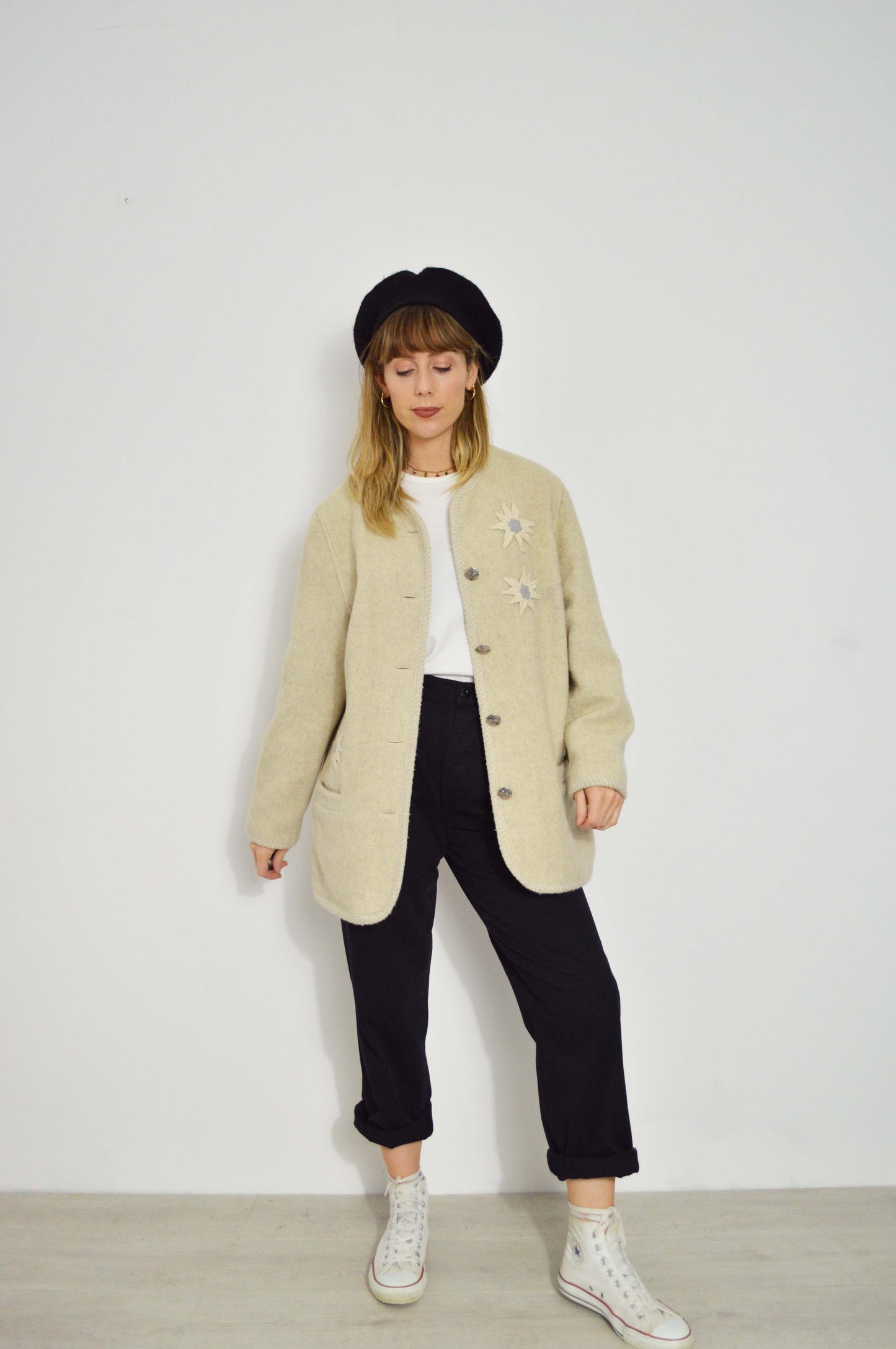 Vintage European Wool Jacket Cream Flower Embroidery