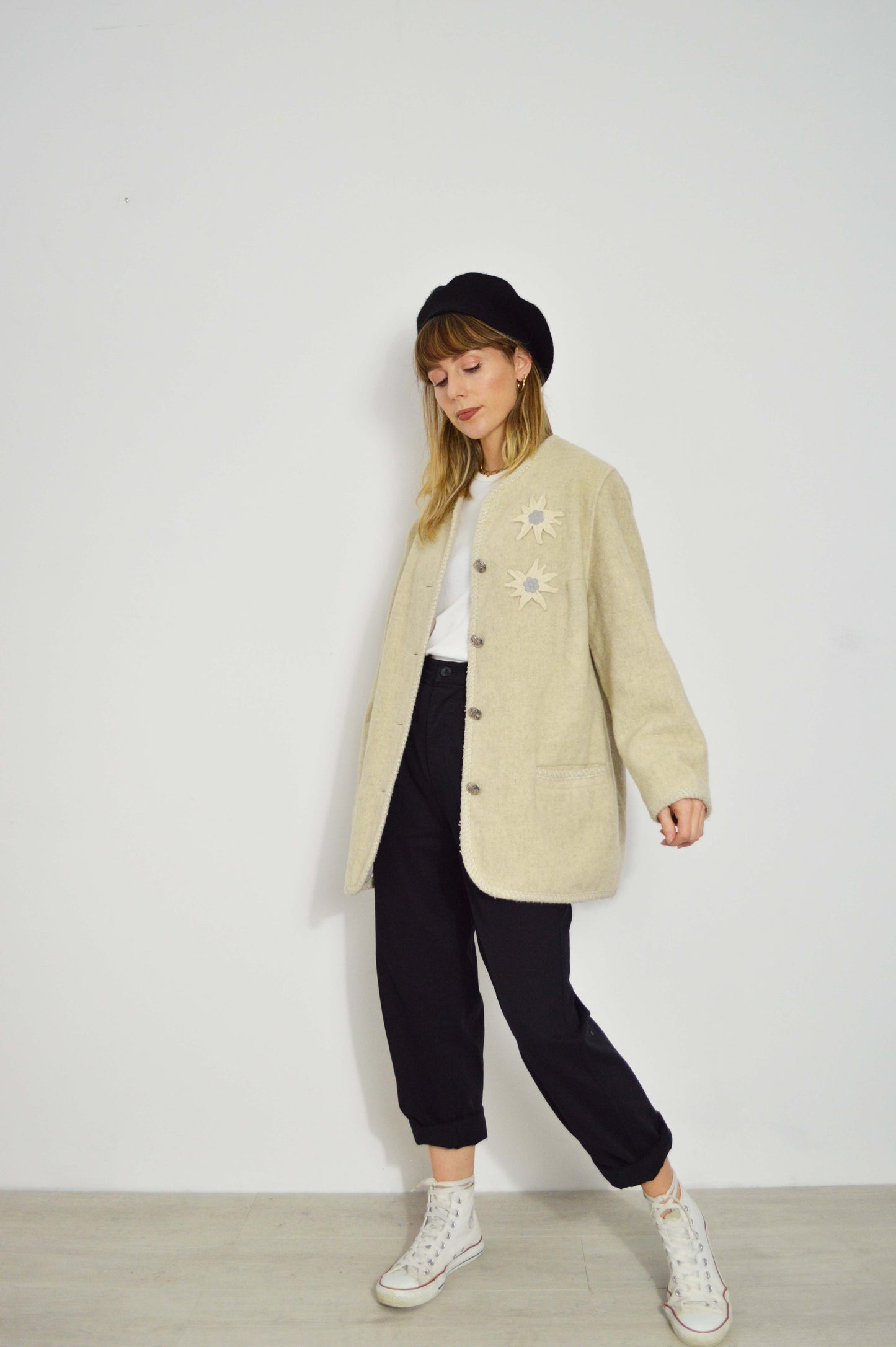 Vintage European Wool Jacket Cream Flower Embroidery
