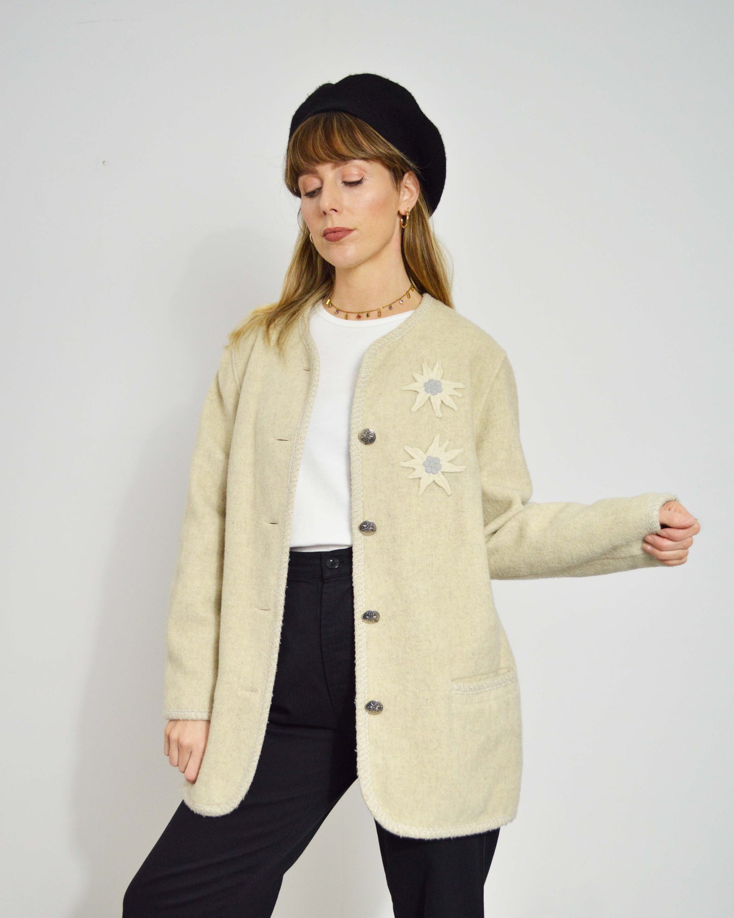 Vintage European Wool Jacket Cream Flower Embroidery