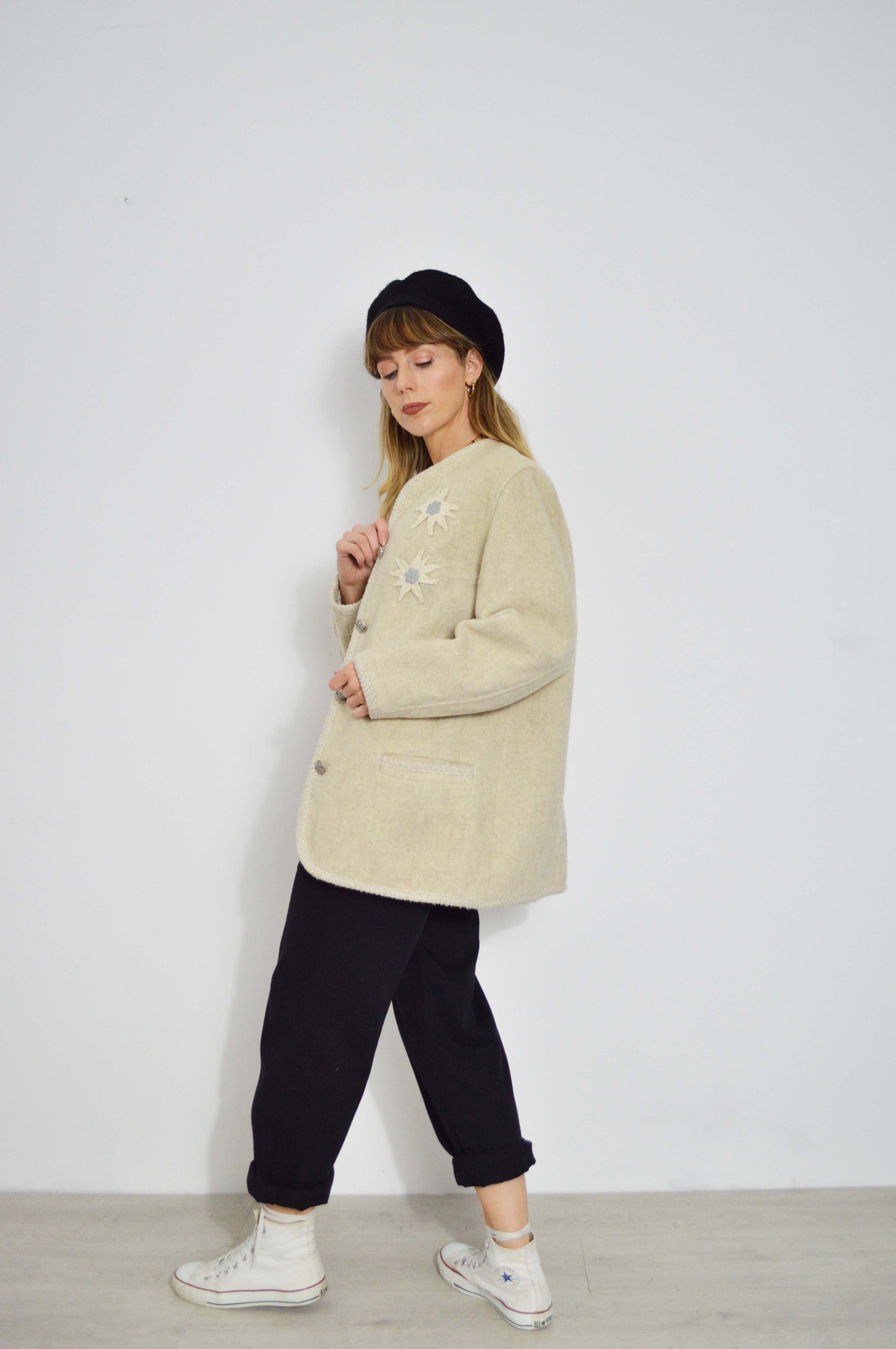 Vintage European Wool Jacket Cream Flower Embroidery