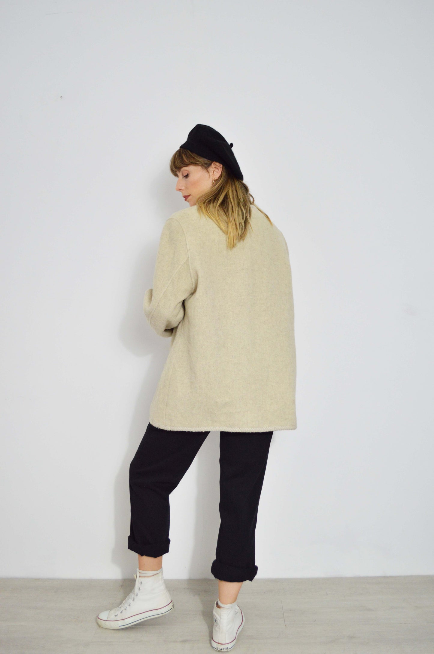 Vintage European Wool Jacket Cream Flower Embroidery